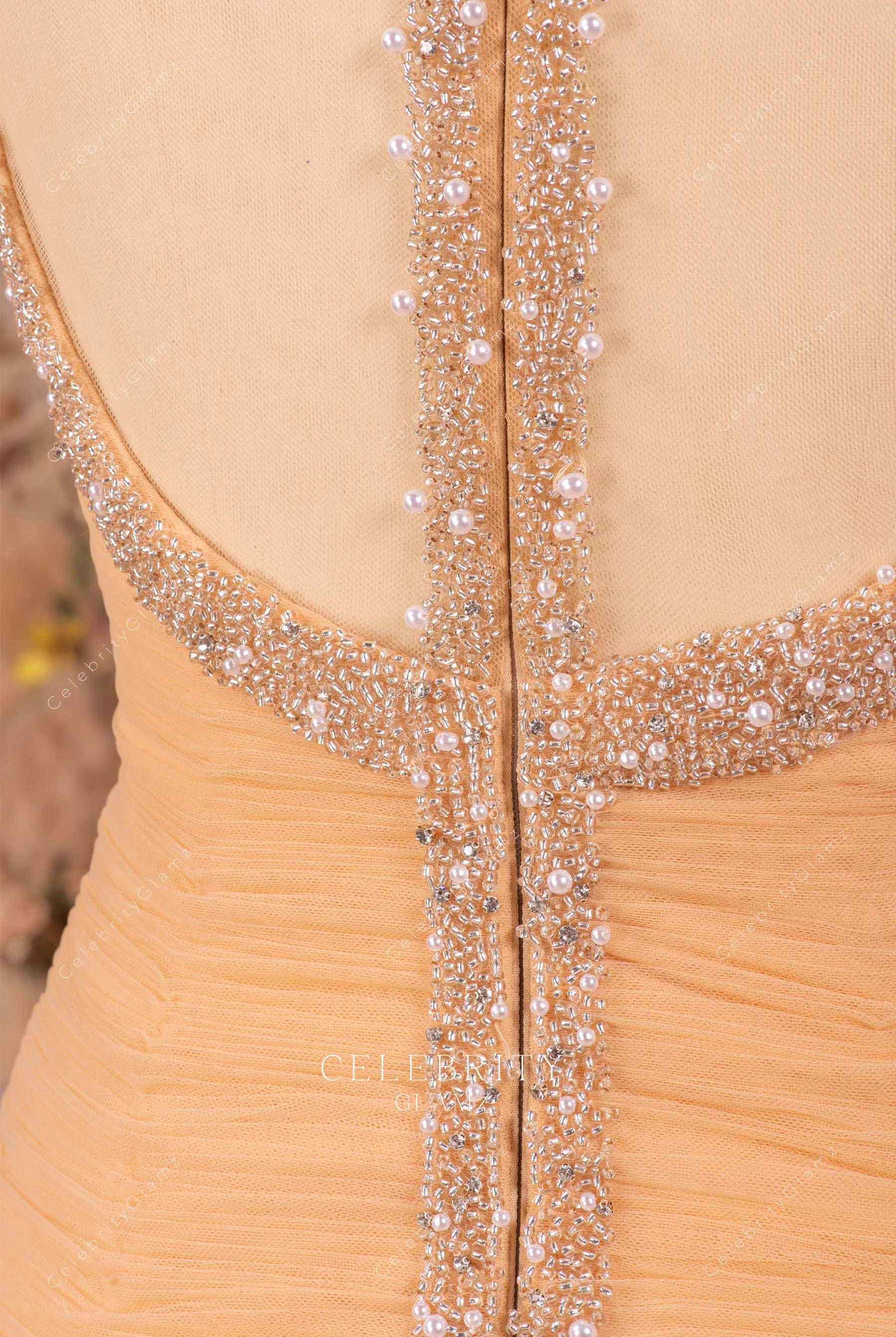 beaded pleated tulle wedding gown