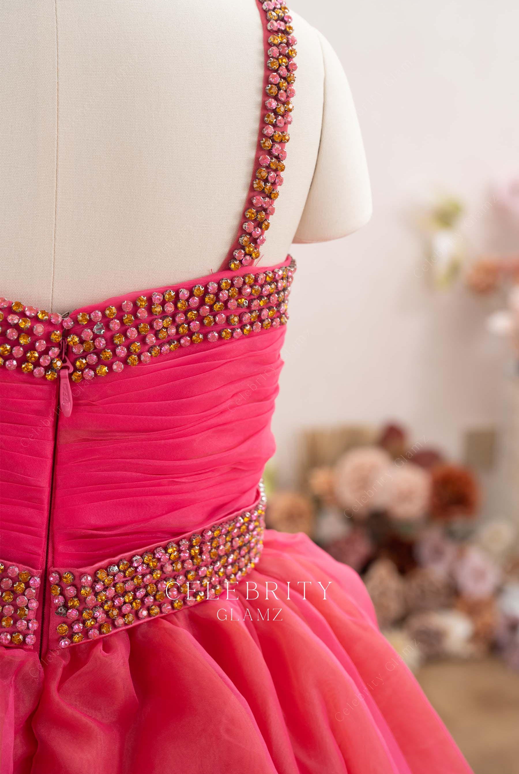 beaded straps pink organza pageant gown