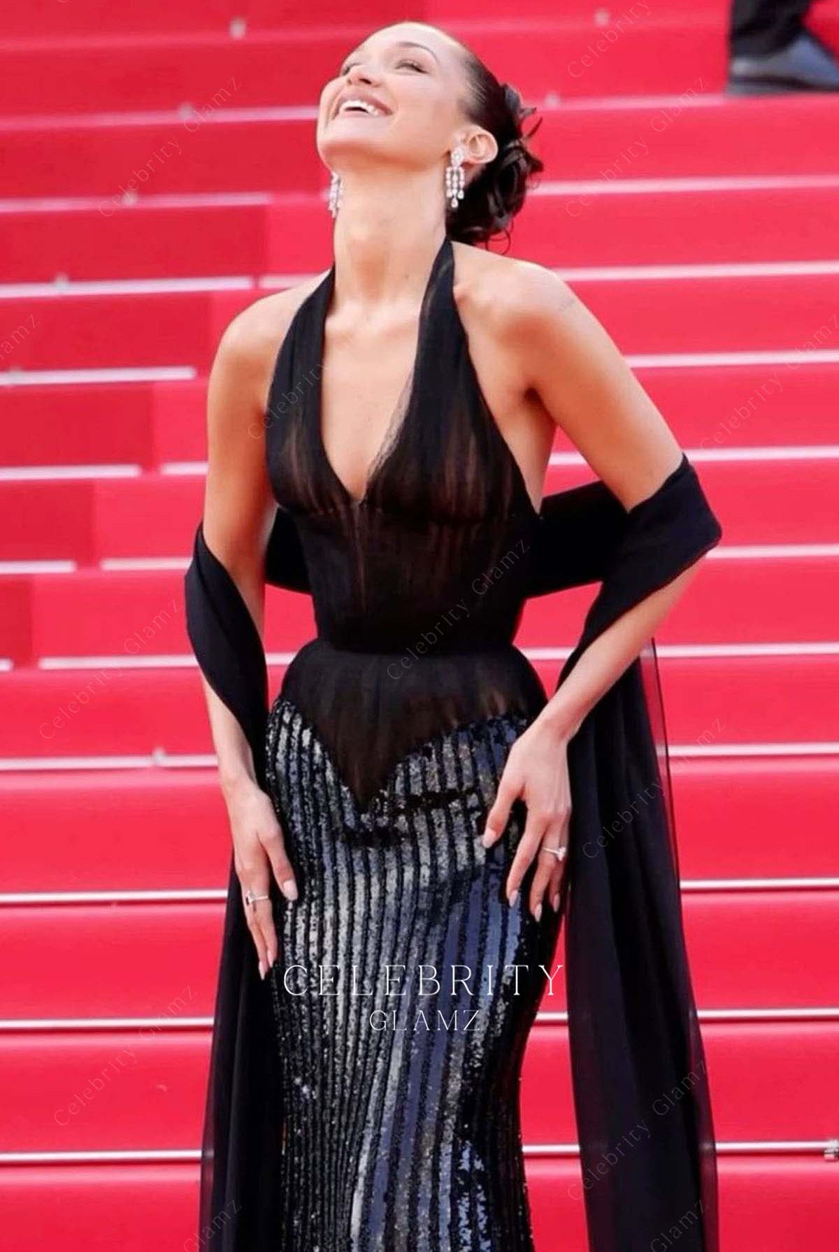 Bella Hadid plunging neck prom dress Cannes film festival red carpet 2024