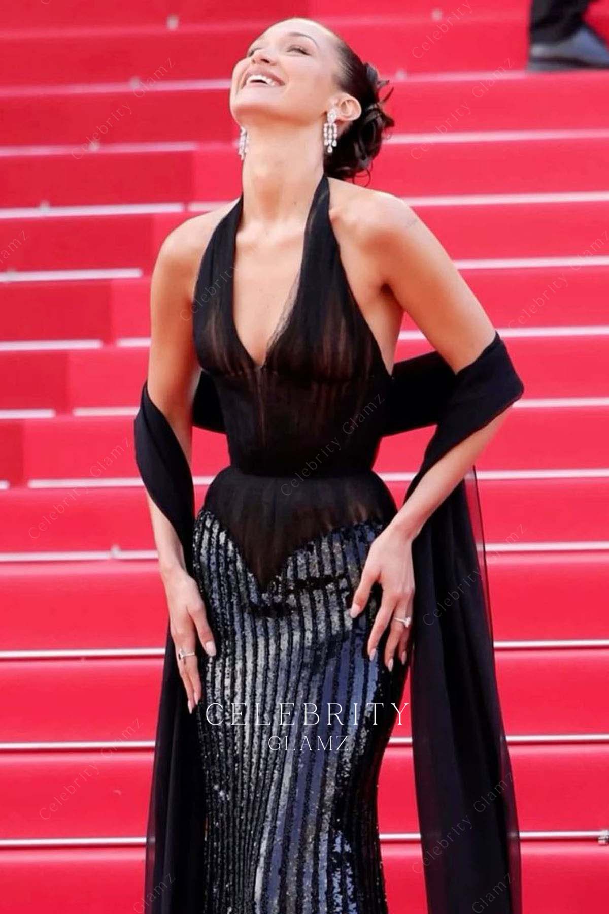 Bella Hadid plunging neck prom dress Cannes film festival red carpet 2024