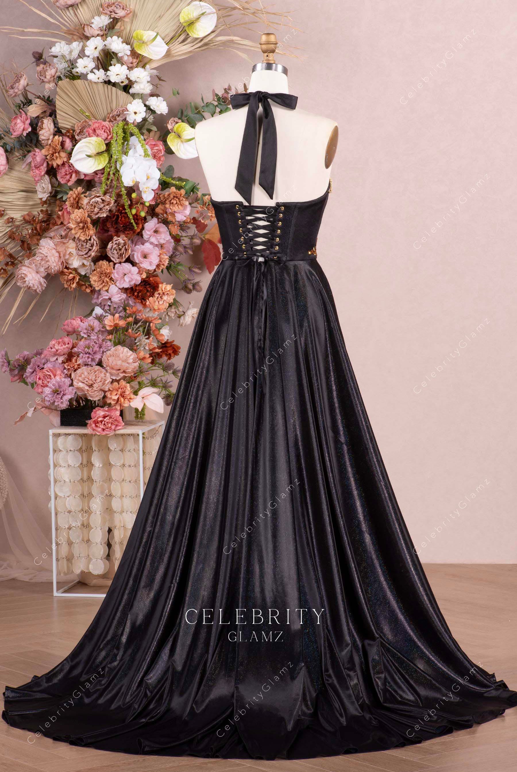black a line court train prom dress