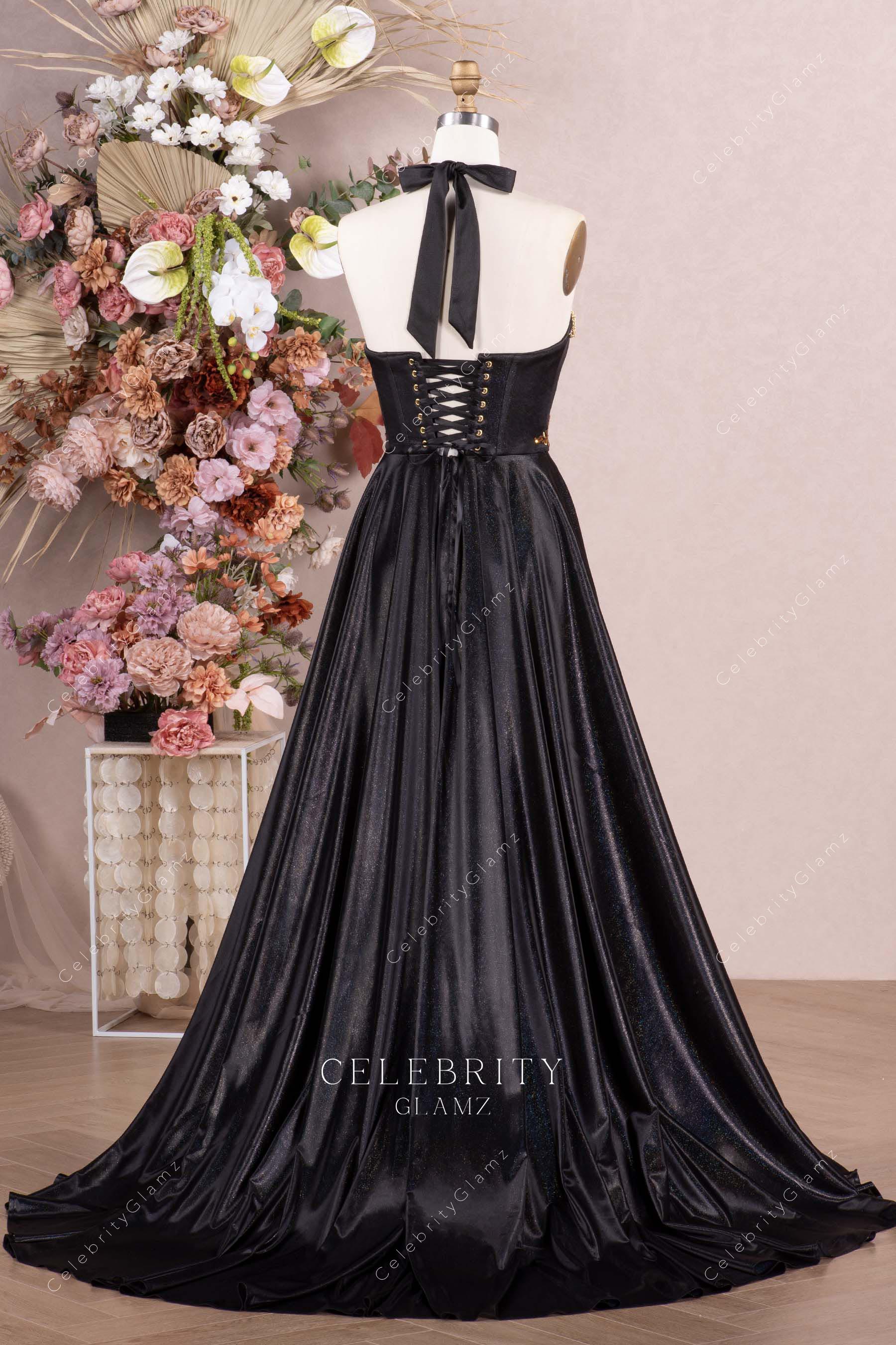 black a line court train prom dress