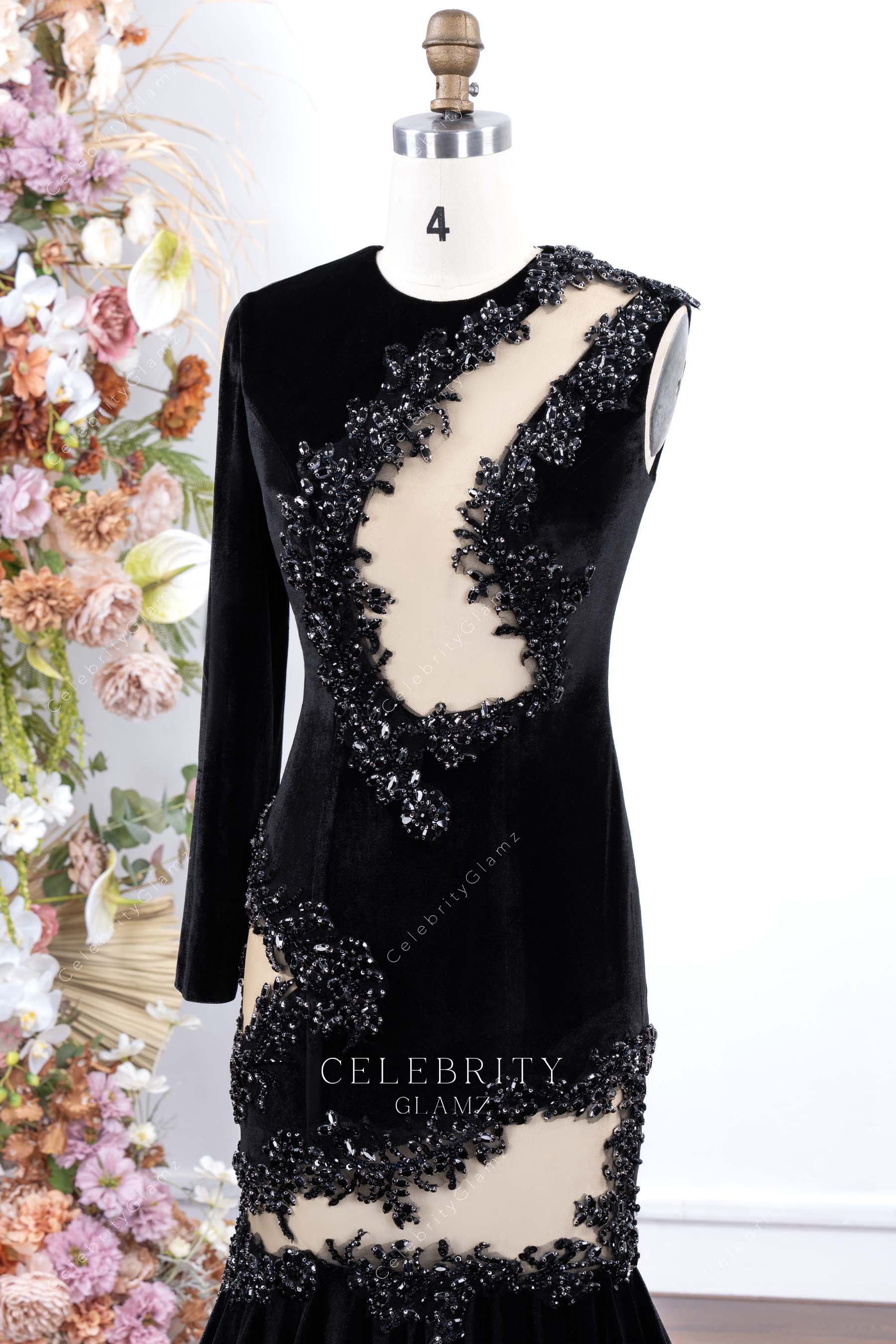 black asymmetrical trumpet prom dress