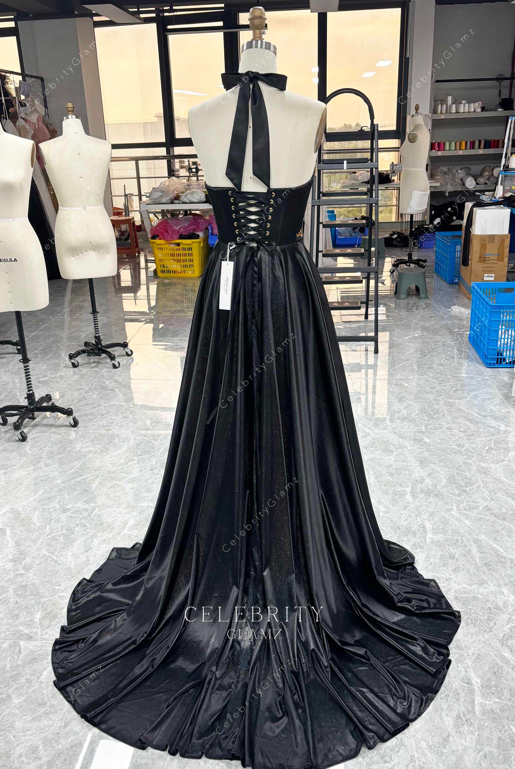 black corset long train prom dress