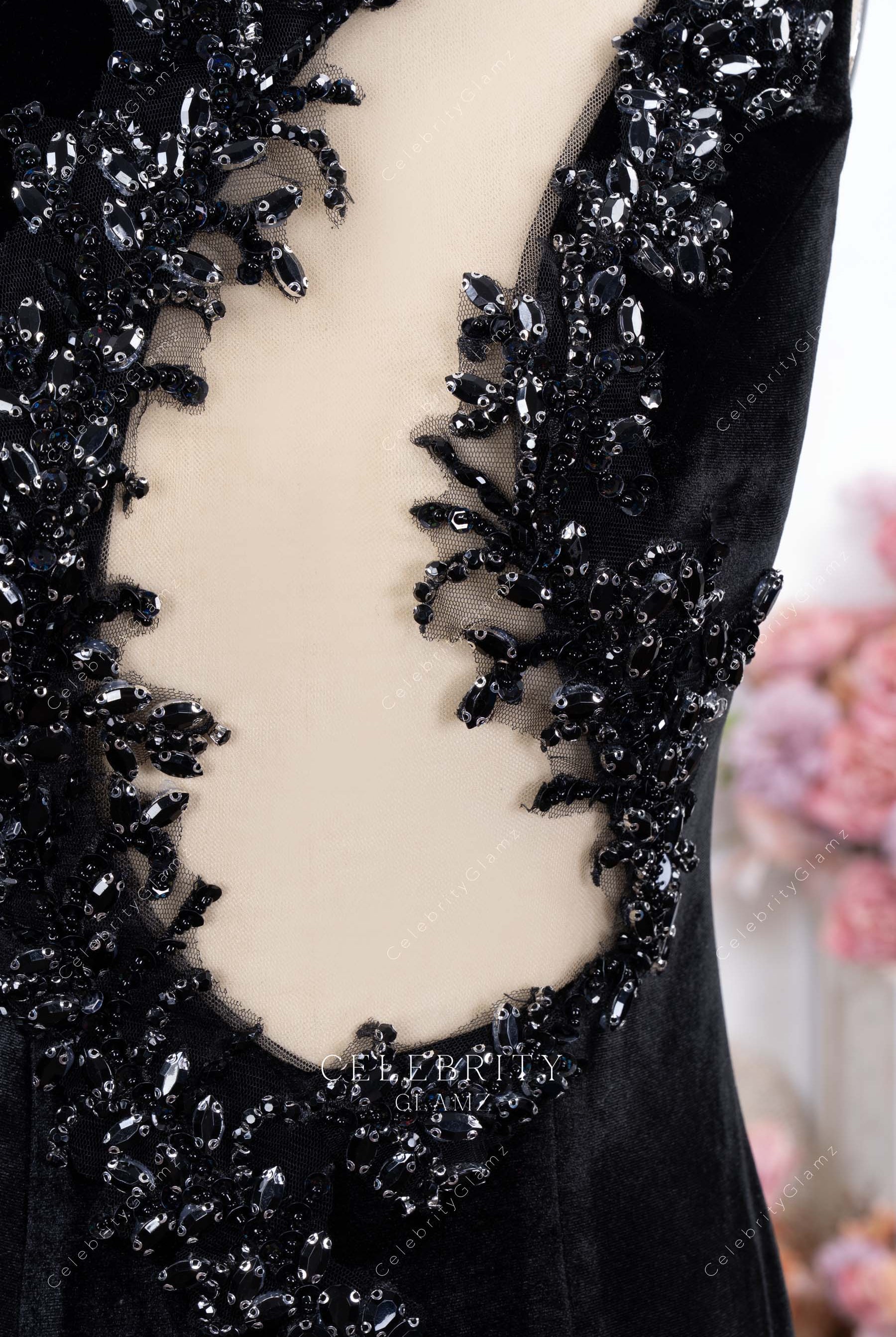 black crystal cutout prom dress