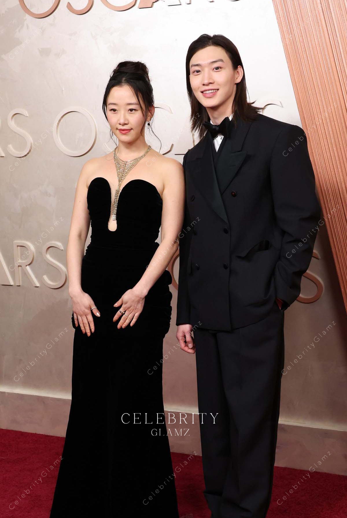 black Gia Kim 2025 Oscars red carpet fit flare dress