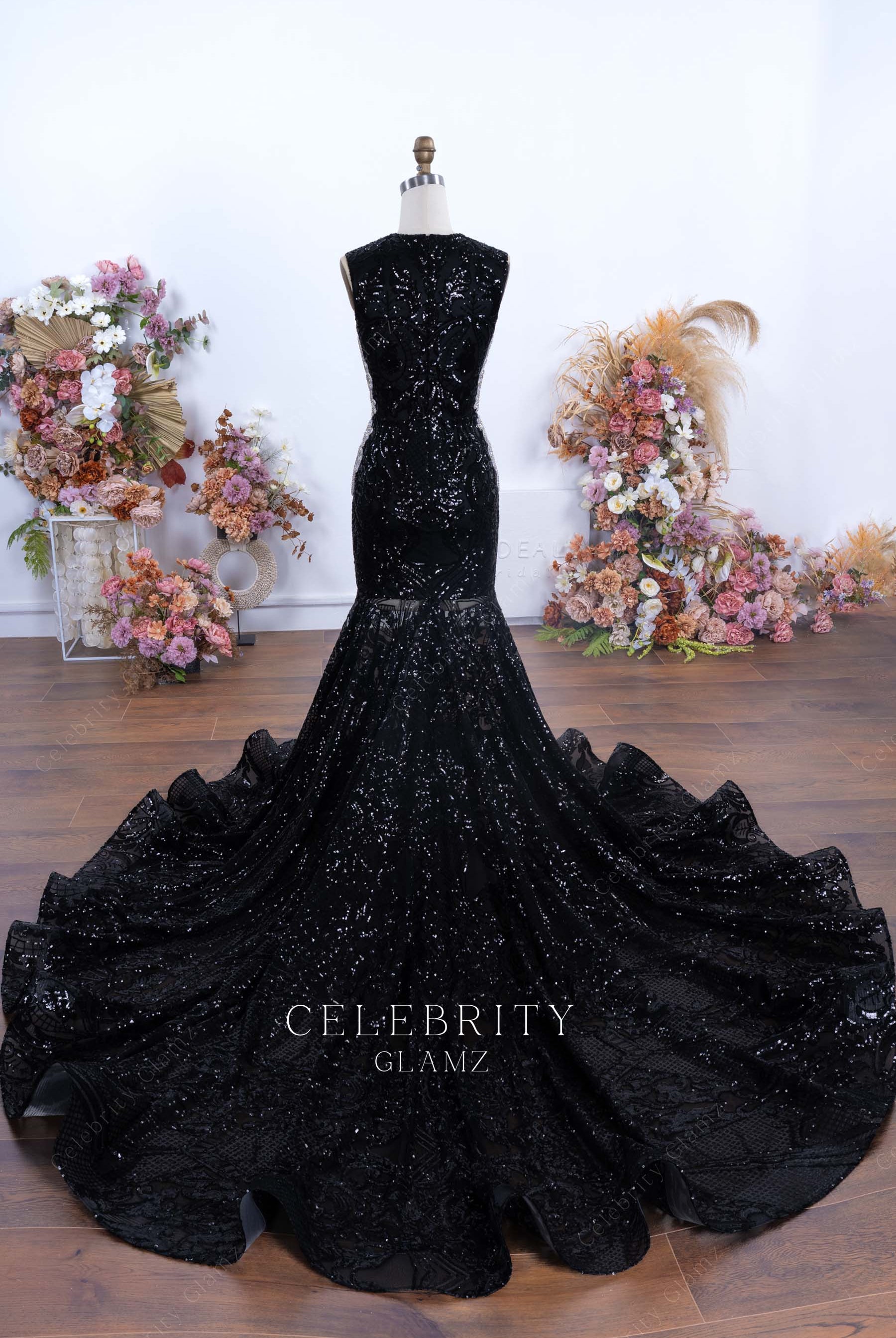 black glitter trumpet chapel train prom dress