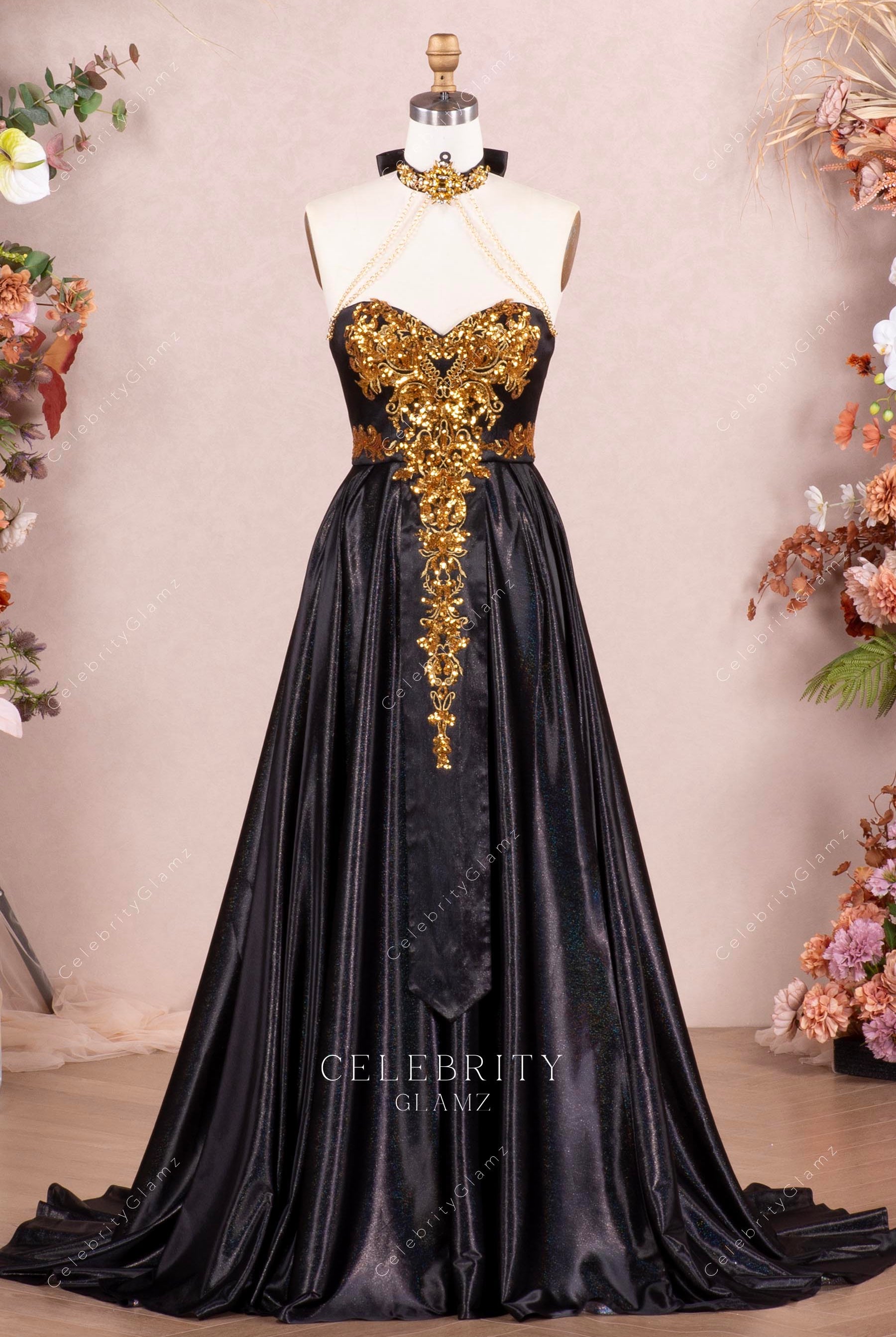 black gold appliques prom dress