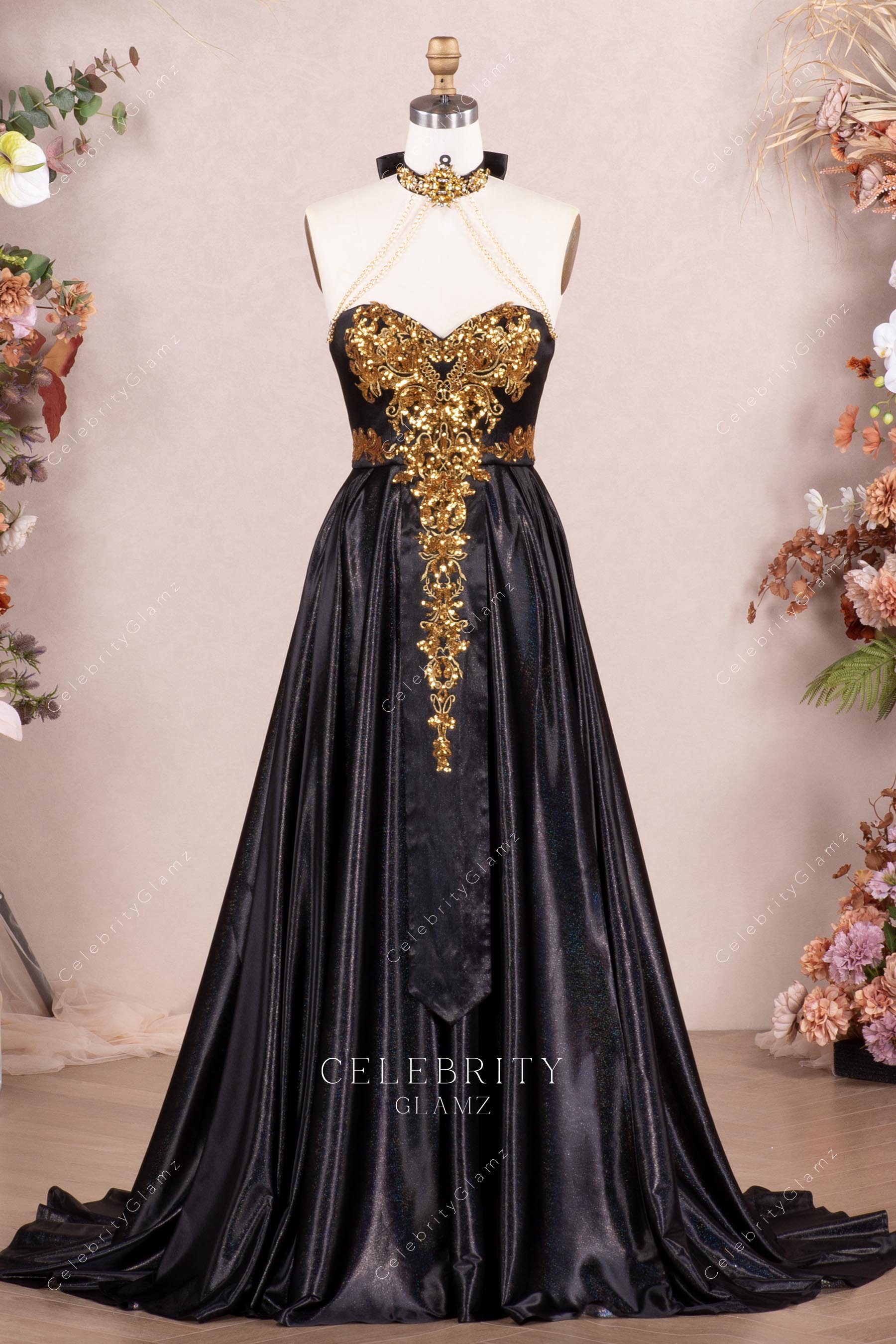 black gold appliques prom dress