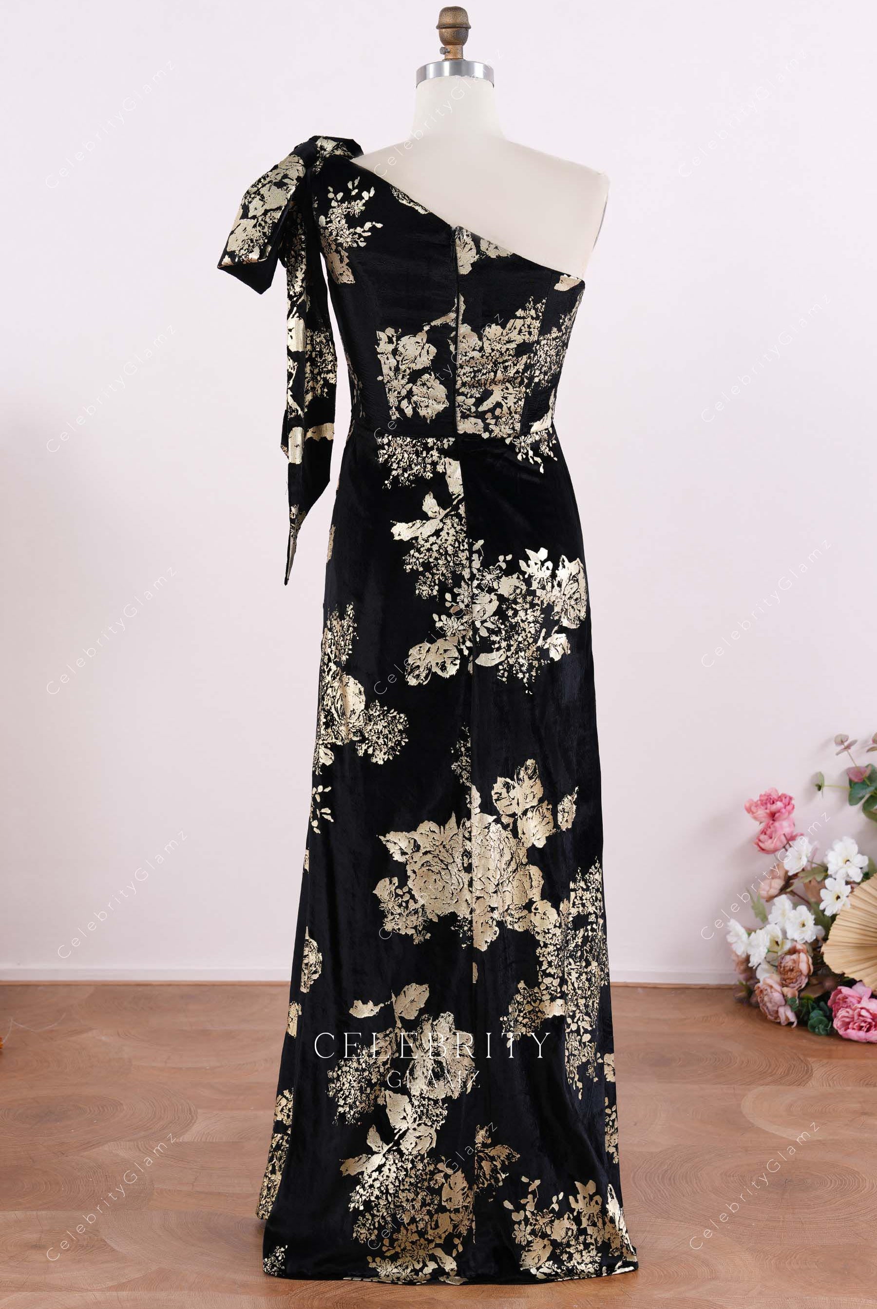 black gold floor length mother of bride dress