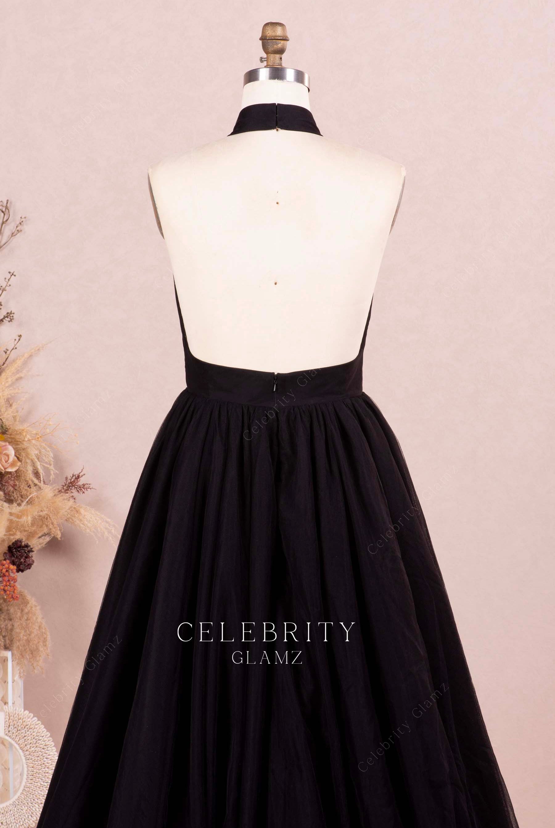 black halter open back prom gown