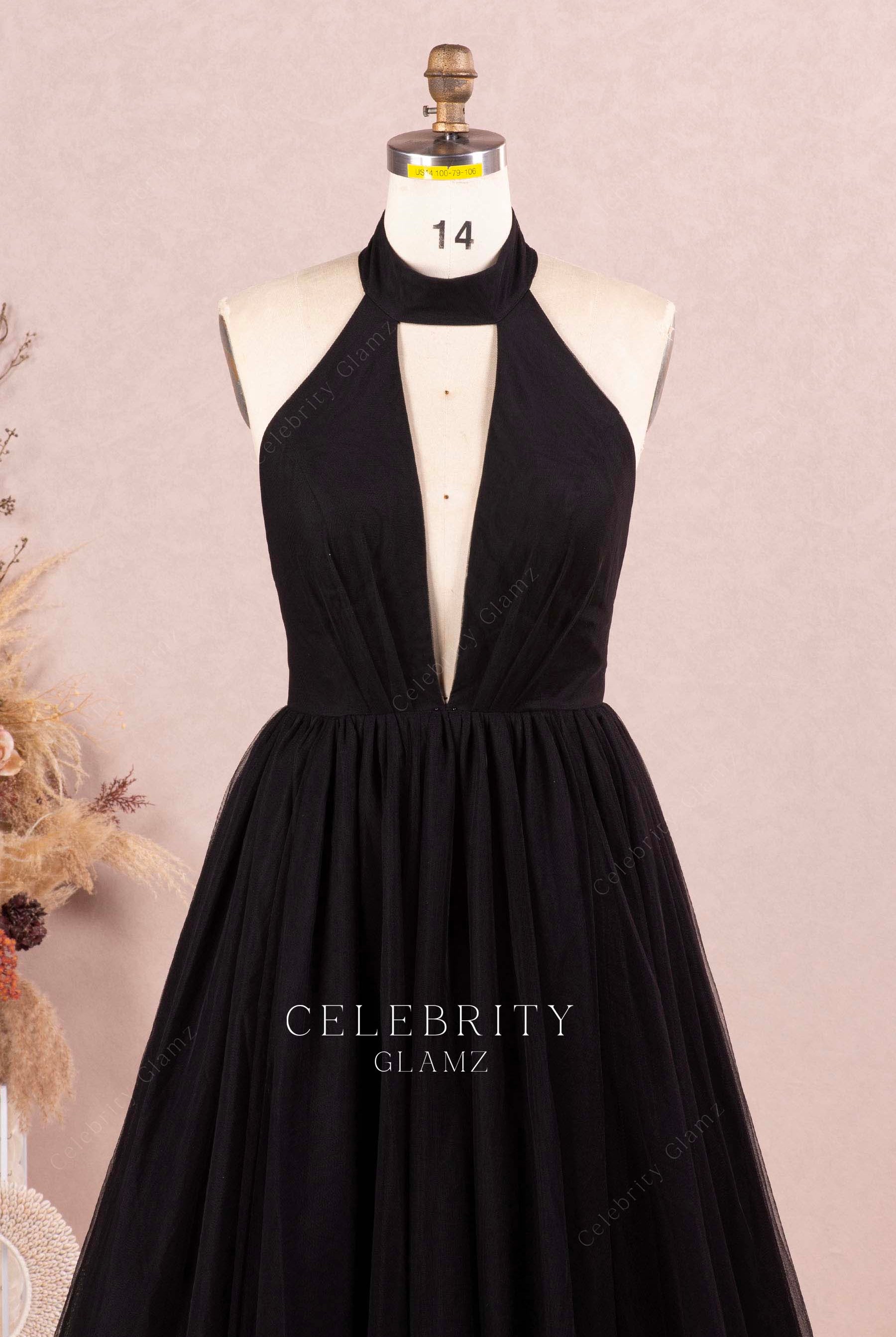 black high neck plunging prom dress