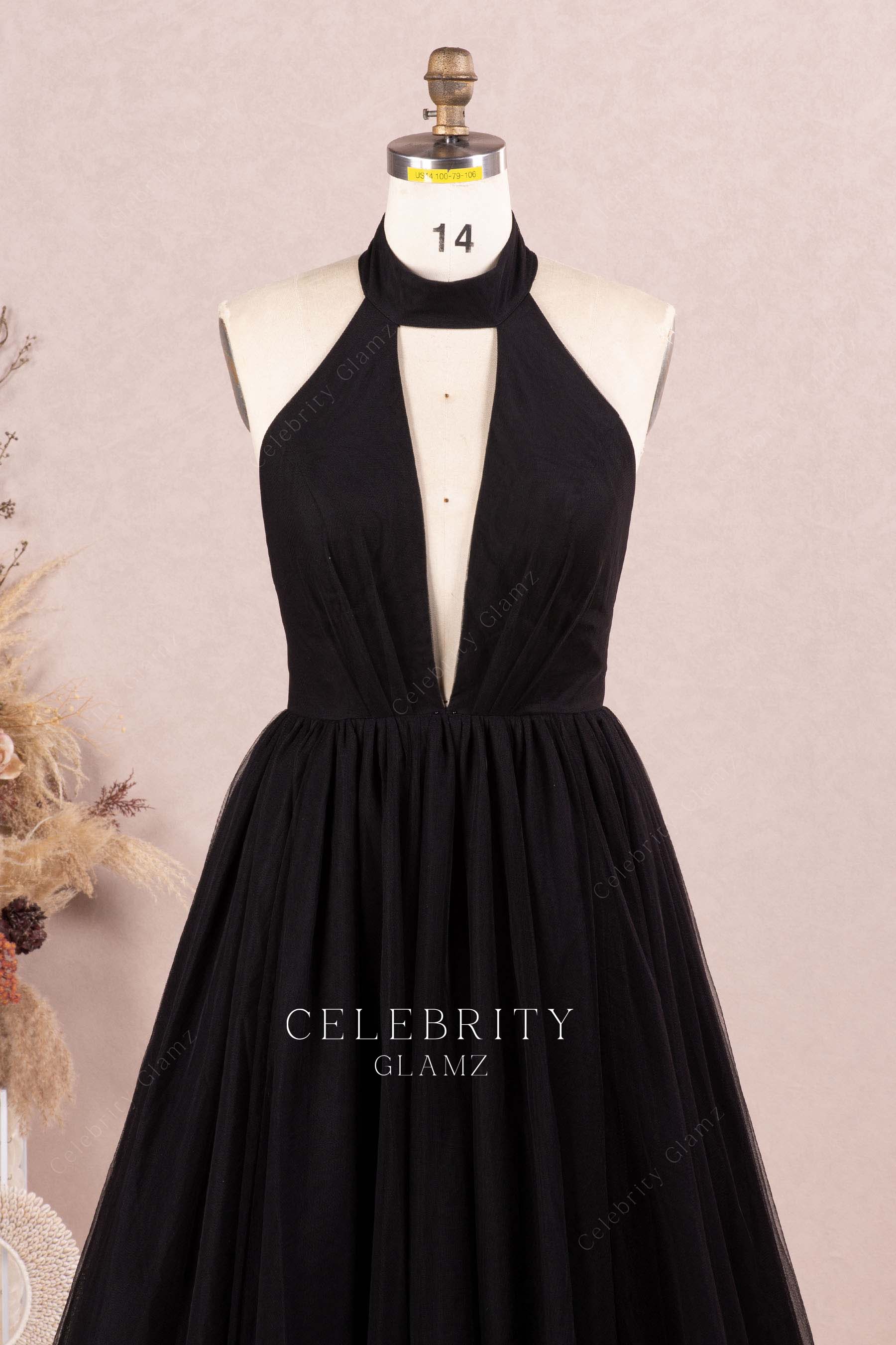 black high neck plunging prom dress