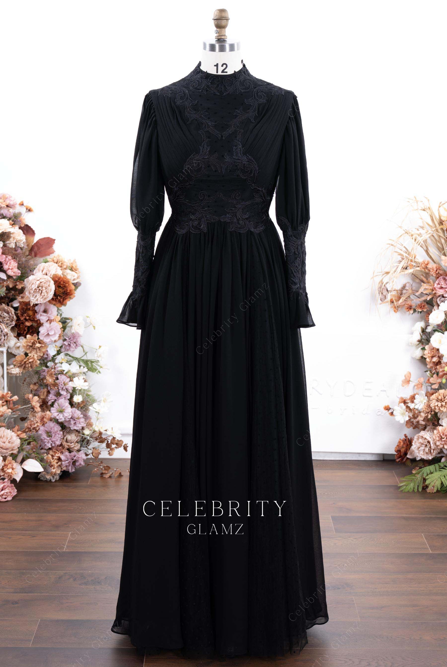 black lace chiffon a line formal dress