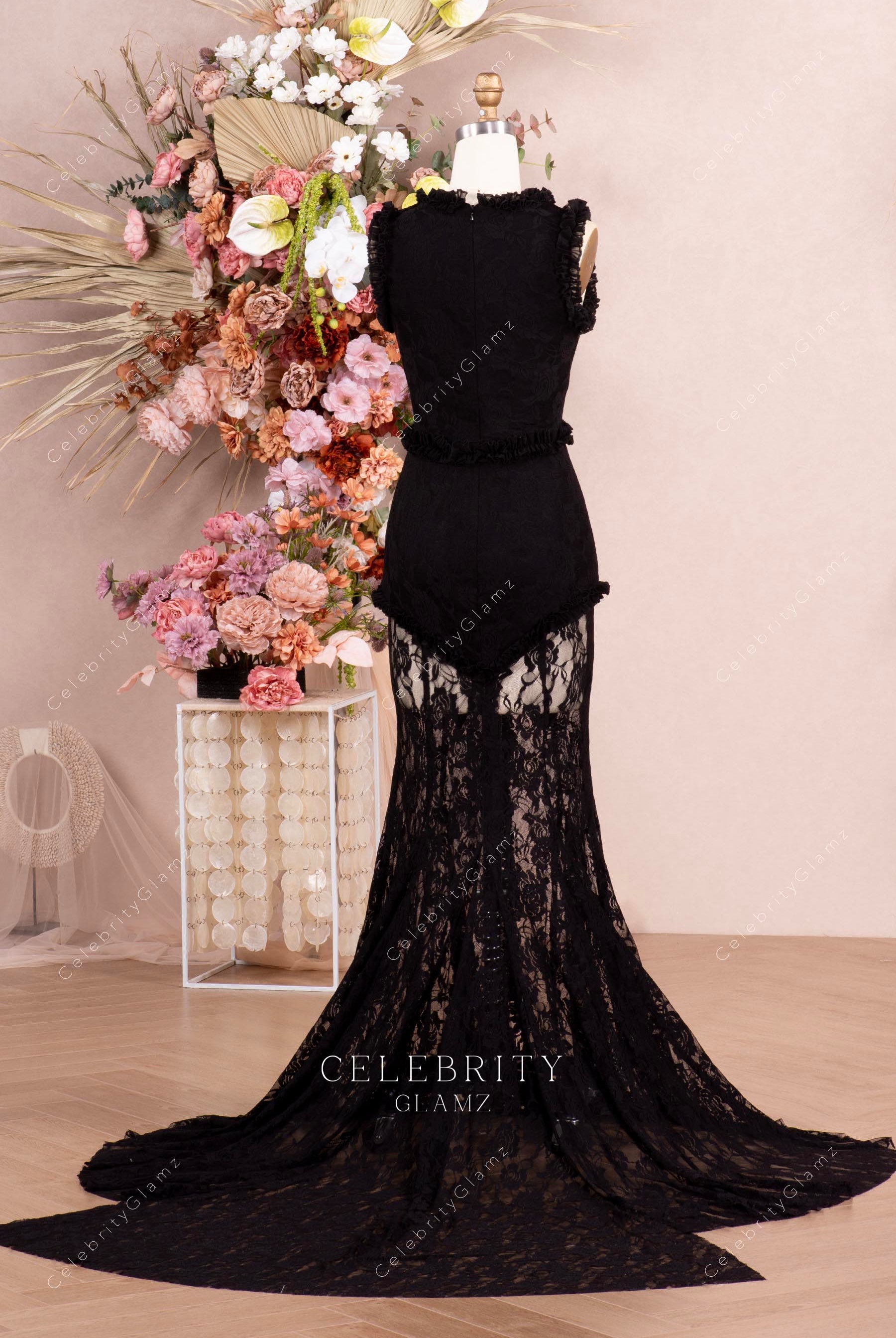 black lace fit flare evening dress