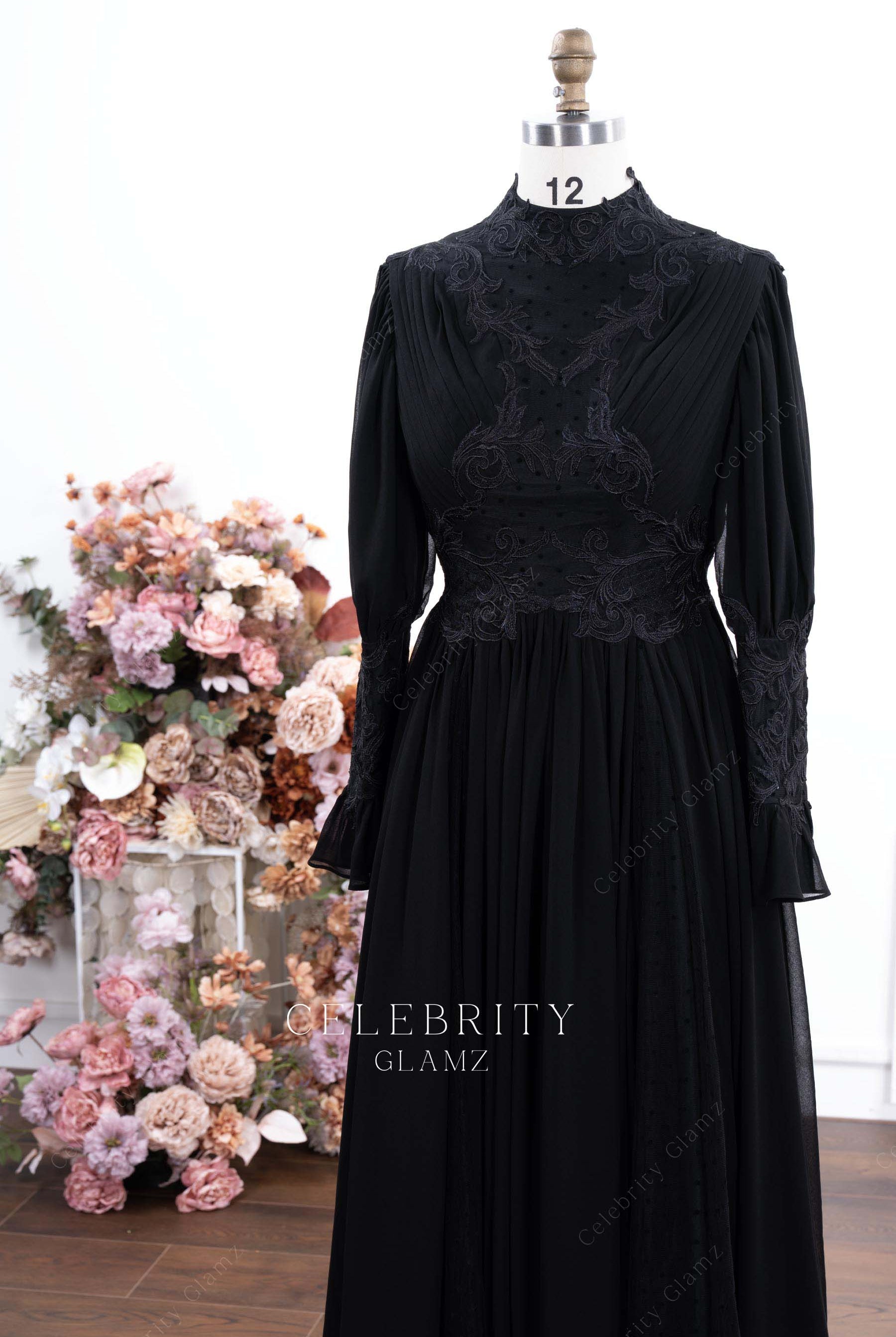 black lace high neck a line formal dress