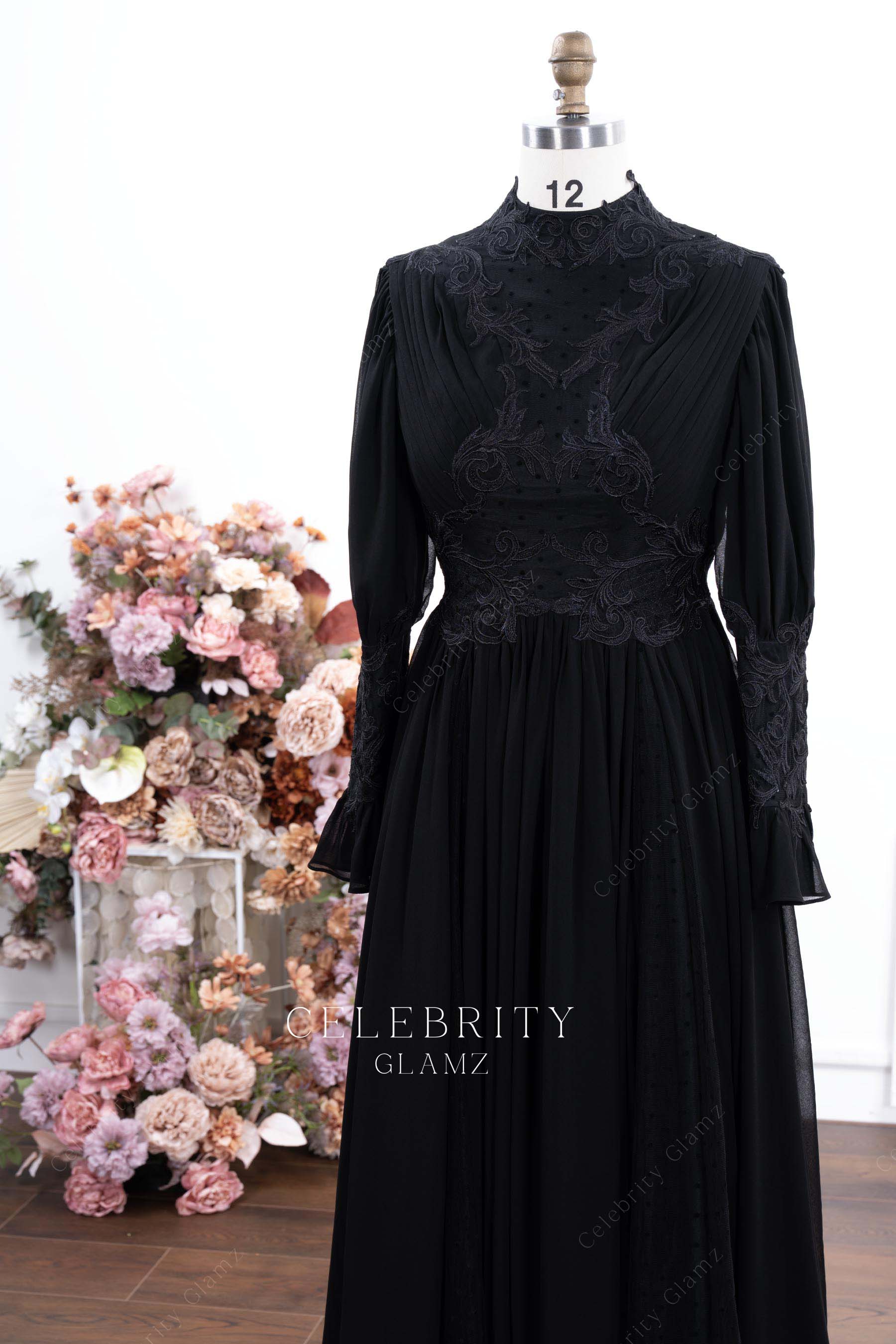 black lace high neck a line formal dress