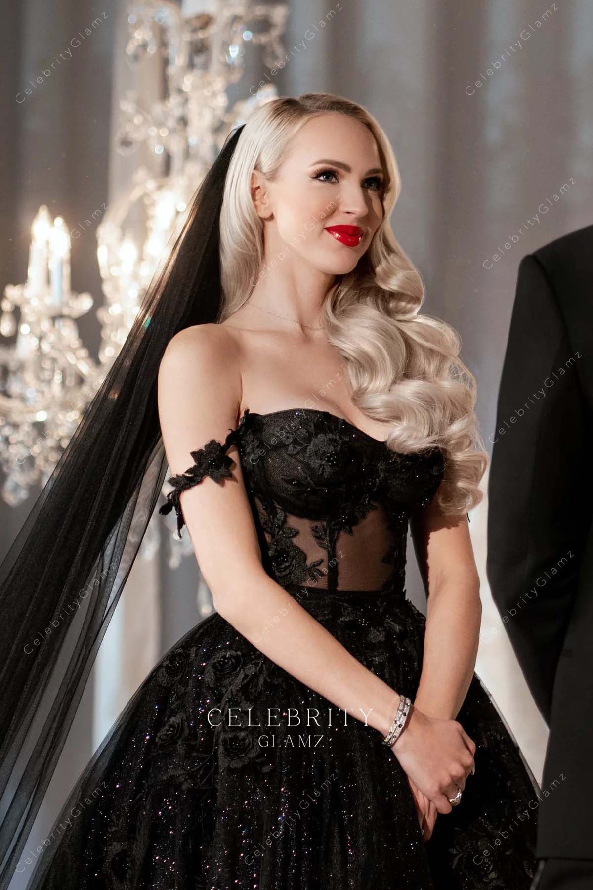 black lace off shoulder sparkly celebrity gown