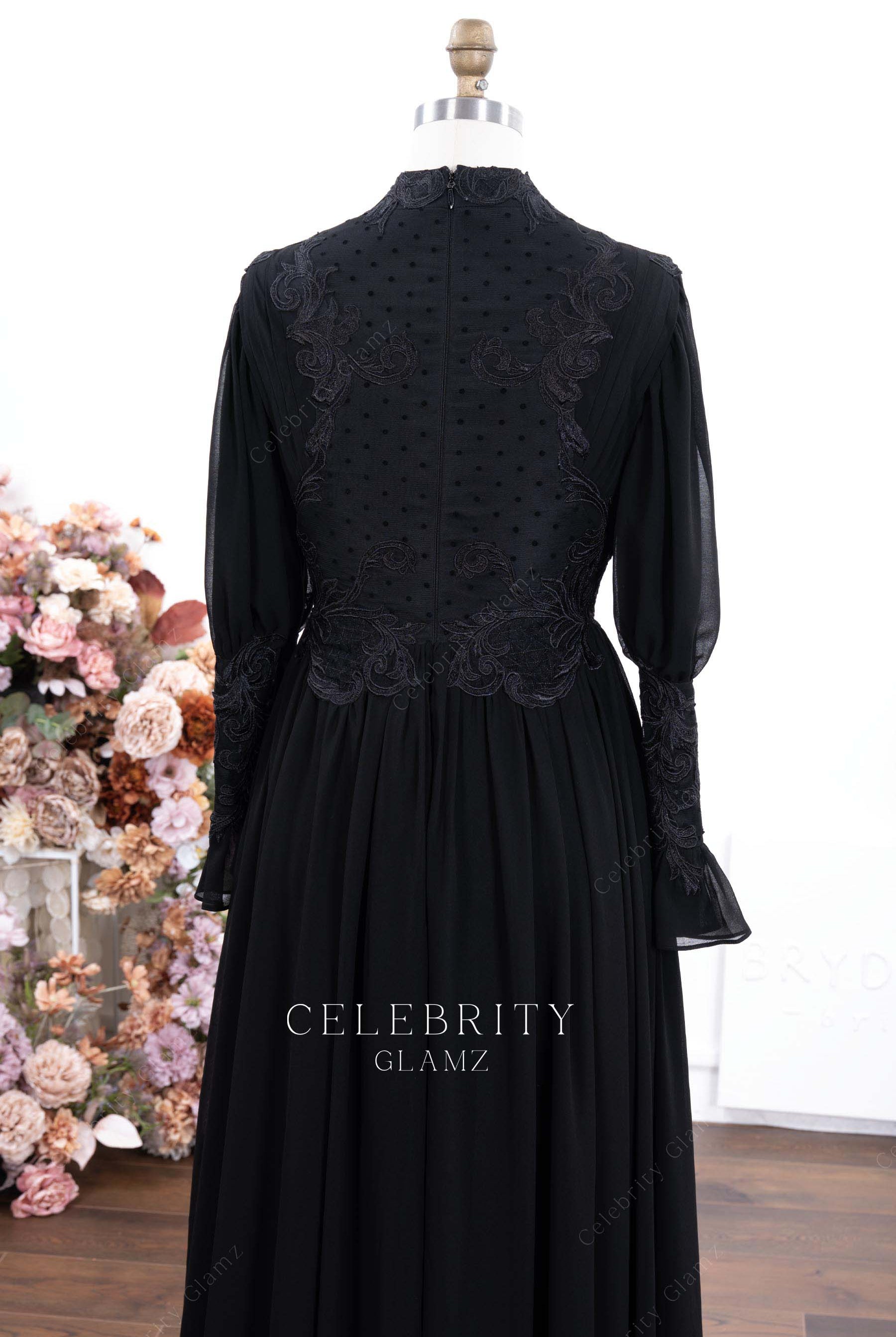 black lace pleated evening dress