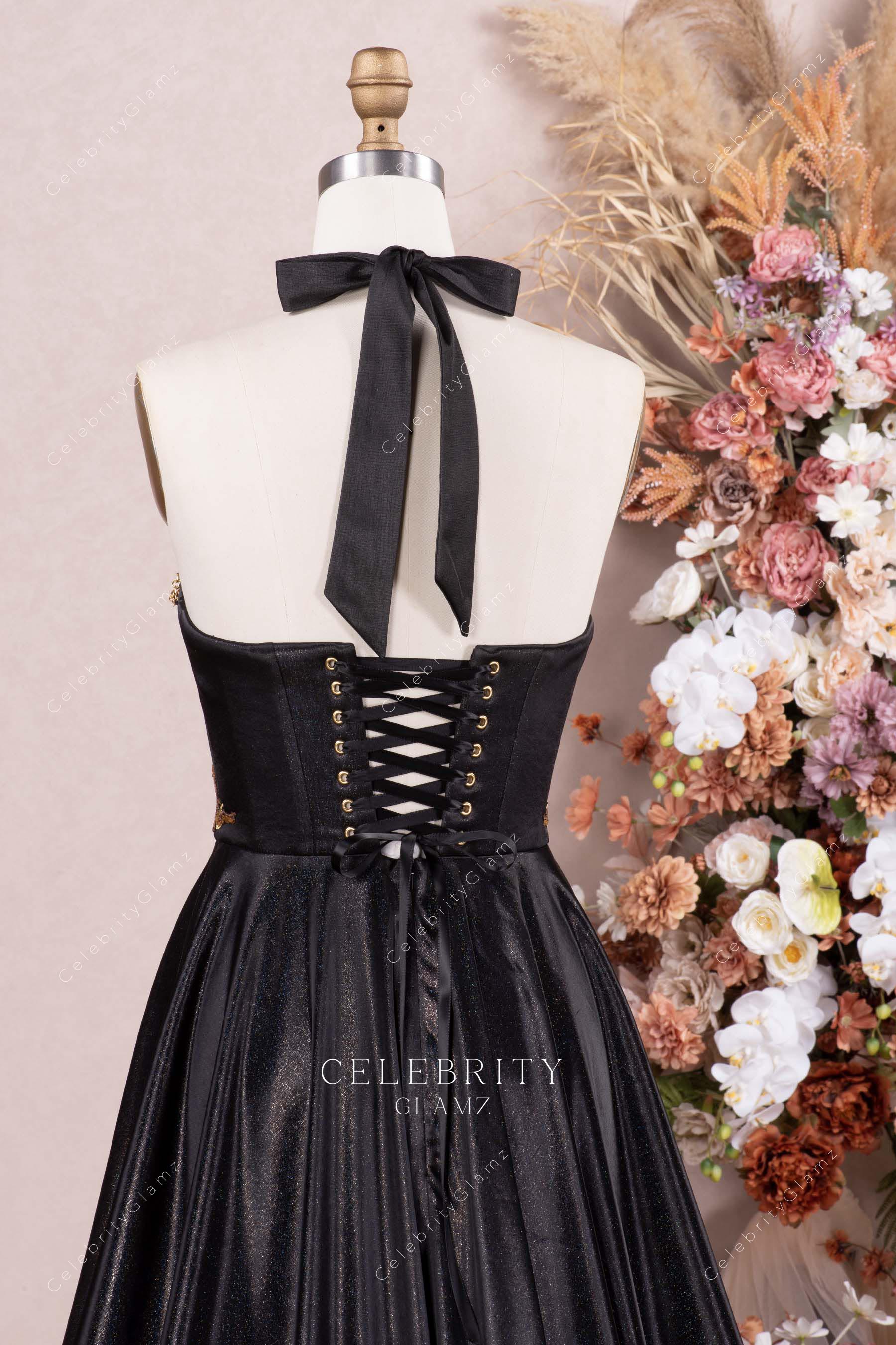 black lace up back prom dress