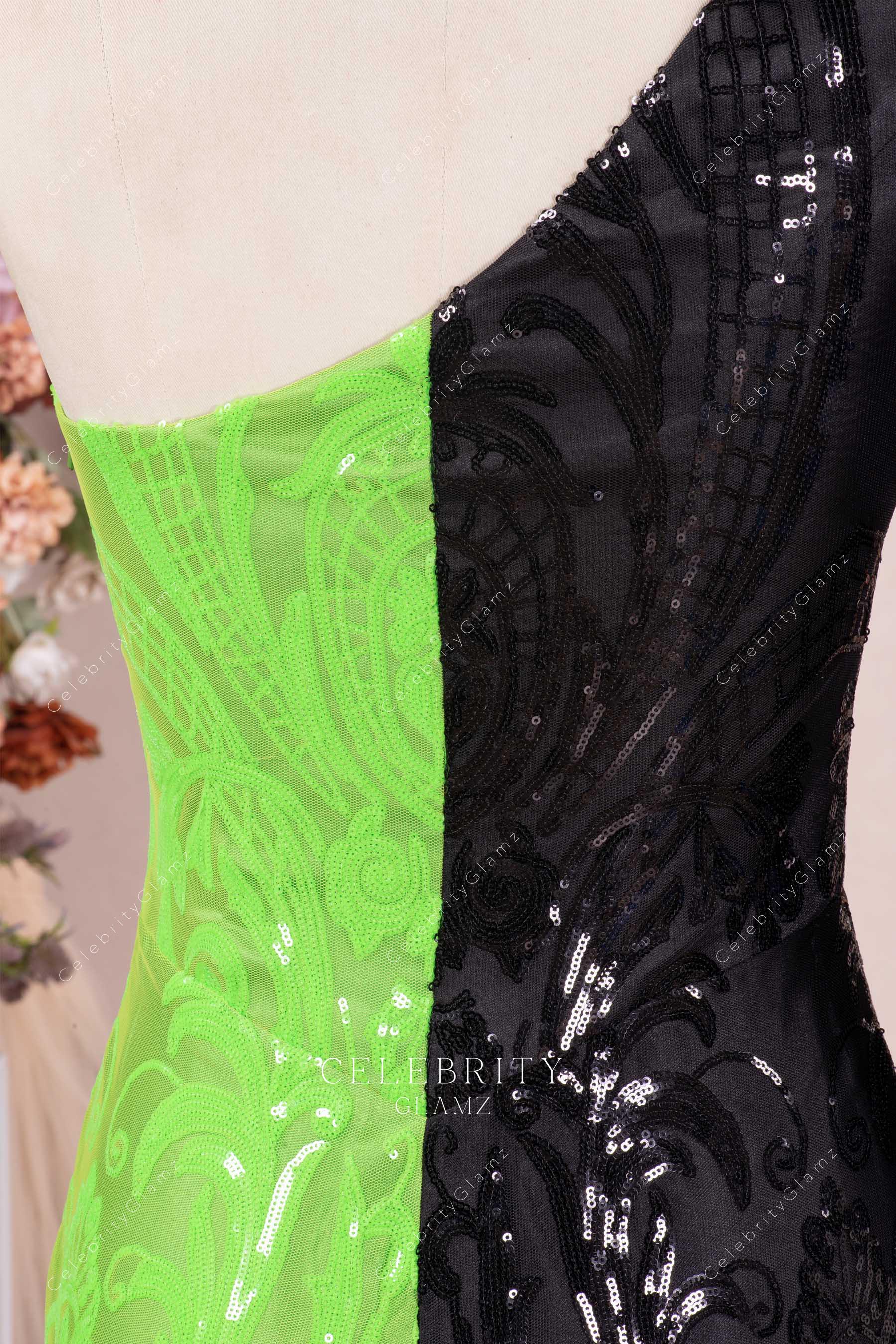 black lime green sequin formal dress