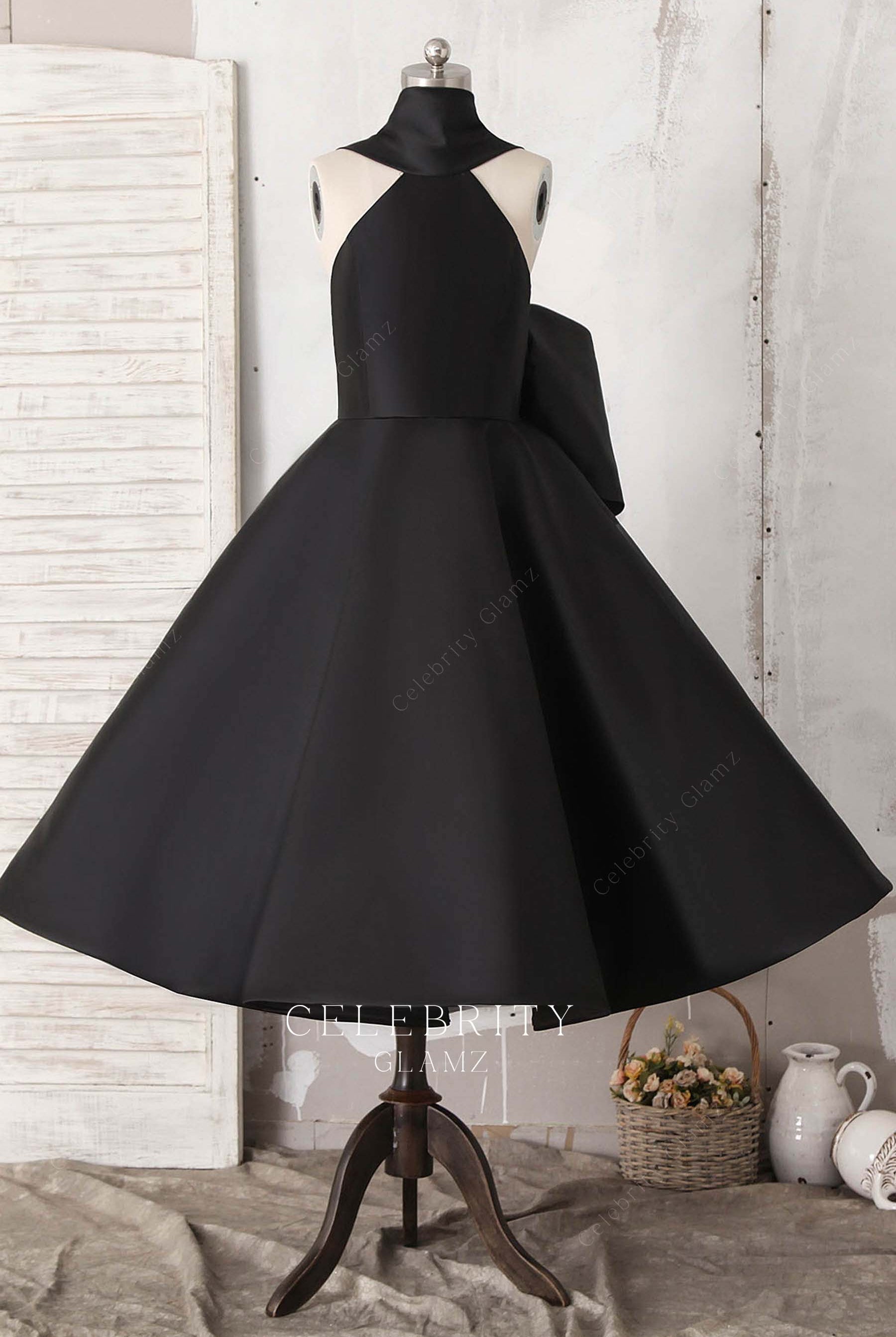 black satin halter bridesmaid dress