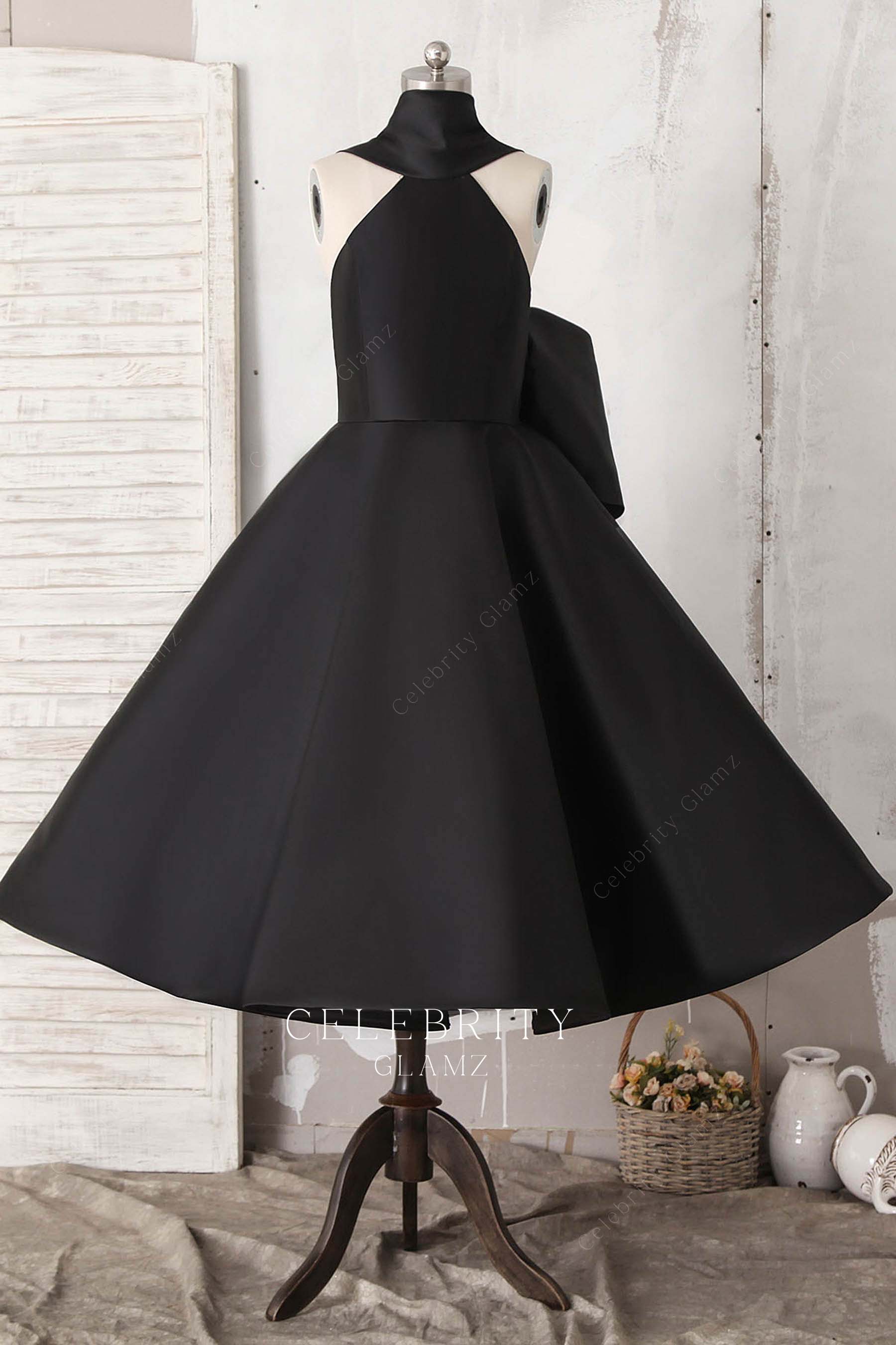 black satin halter bridesmaid dress