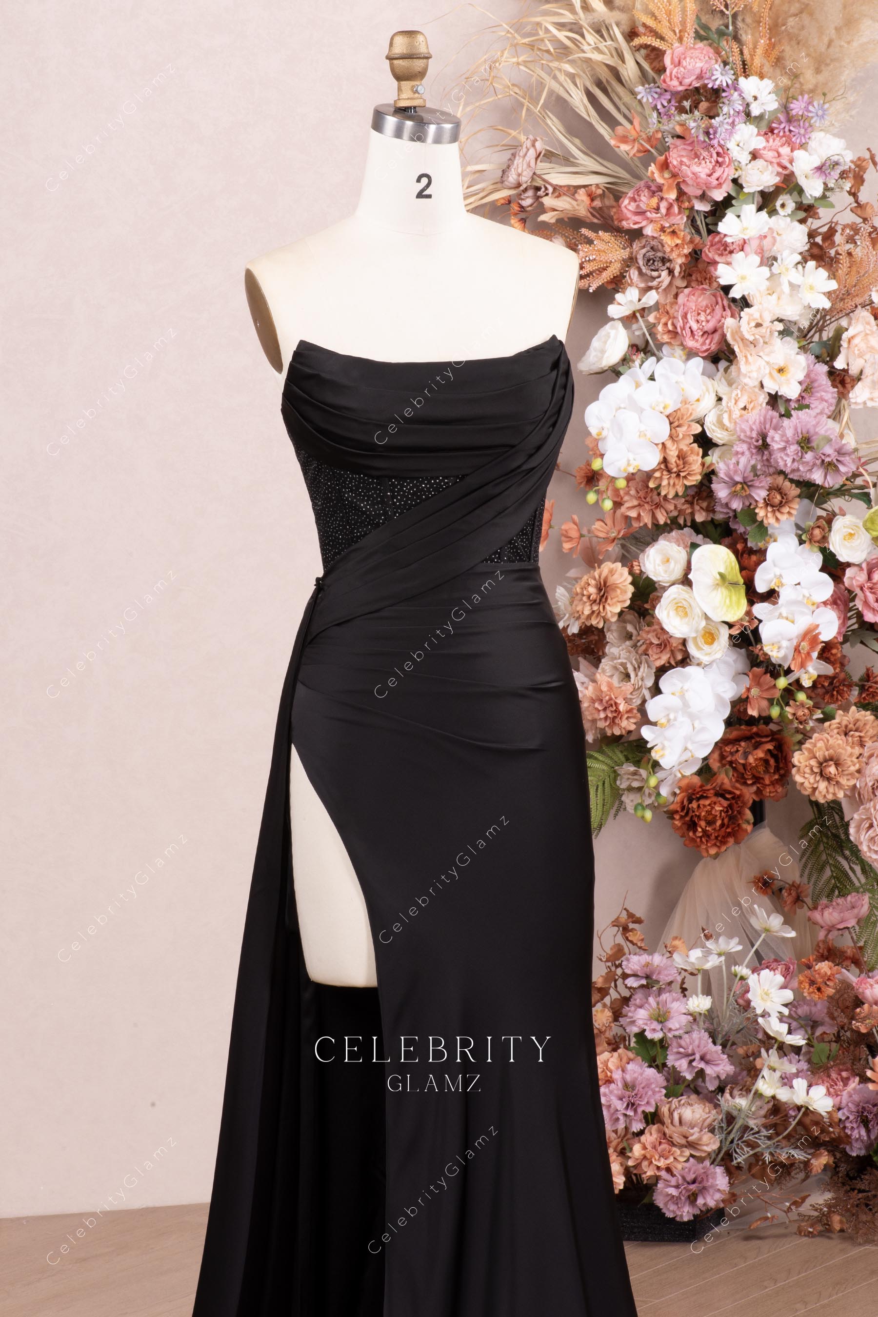 black satin high slit prom dress