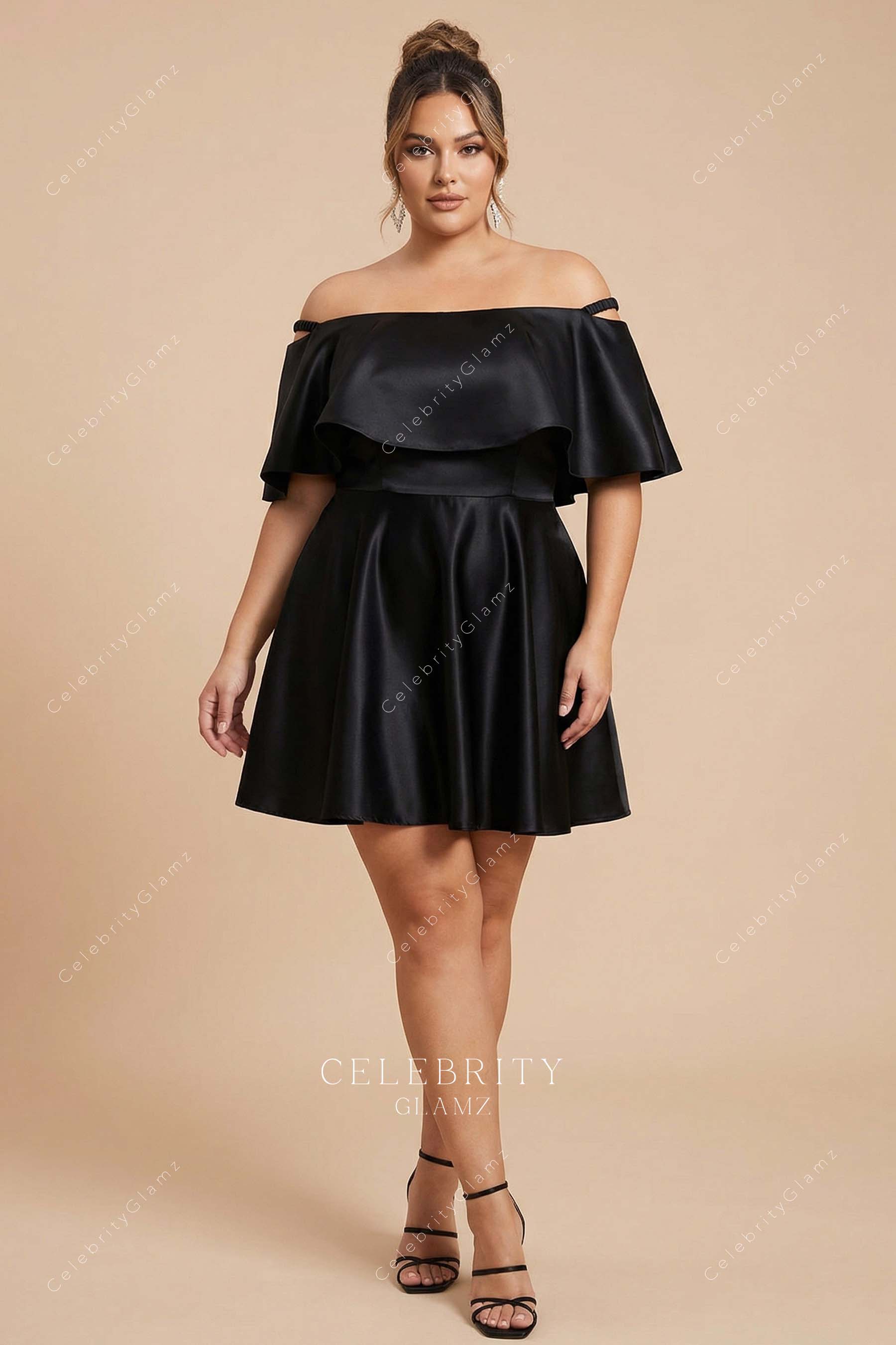 black satin off shoulder mini prom dress