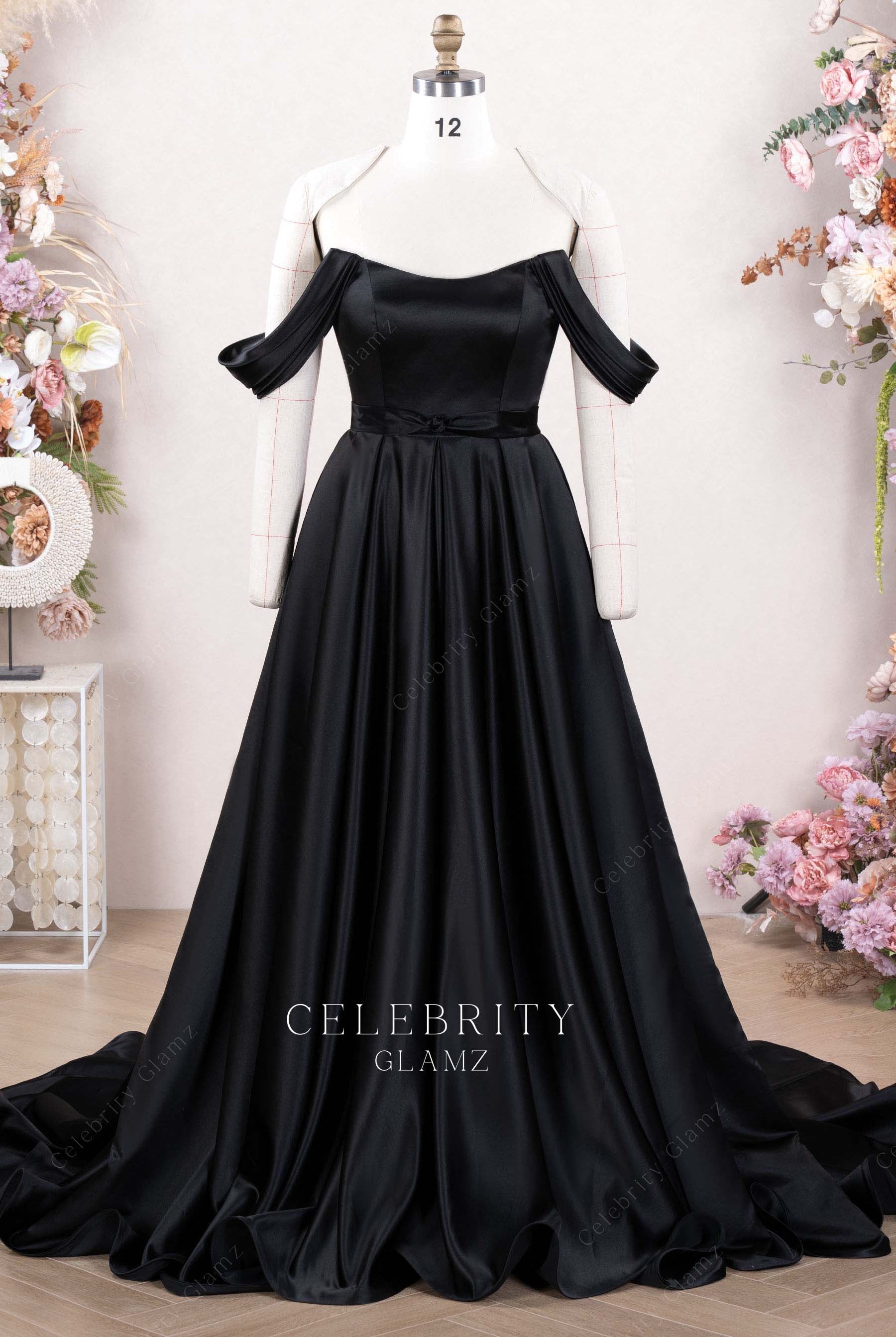 black satin off shoulder wedding dress