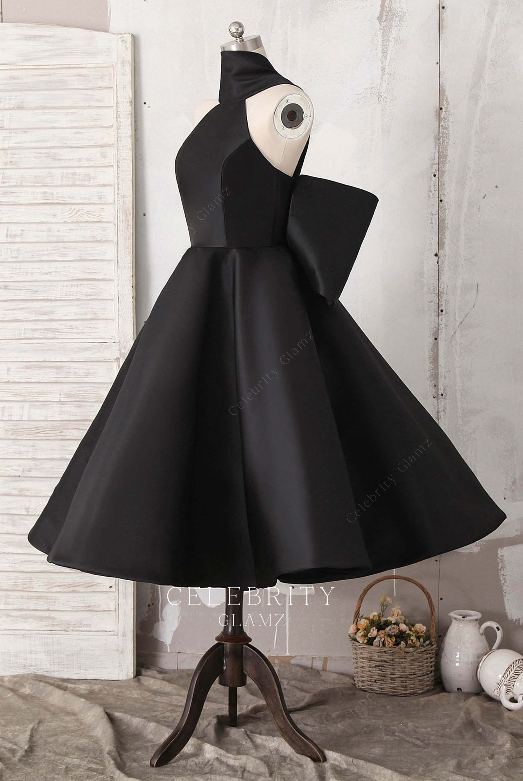 black satin puffy a line bridesmaid dress