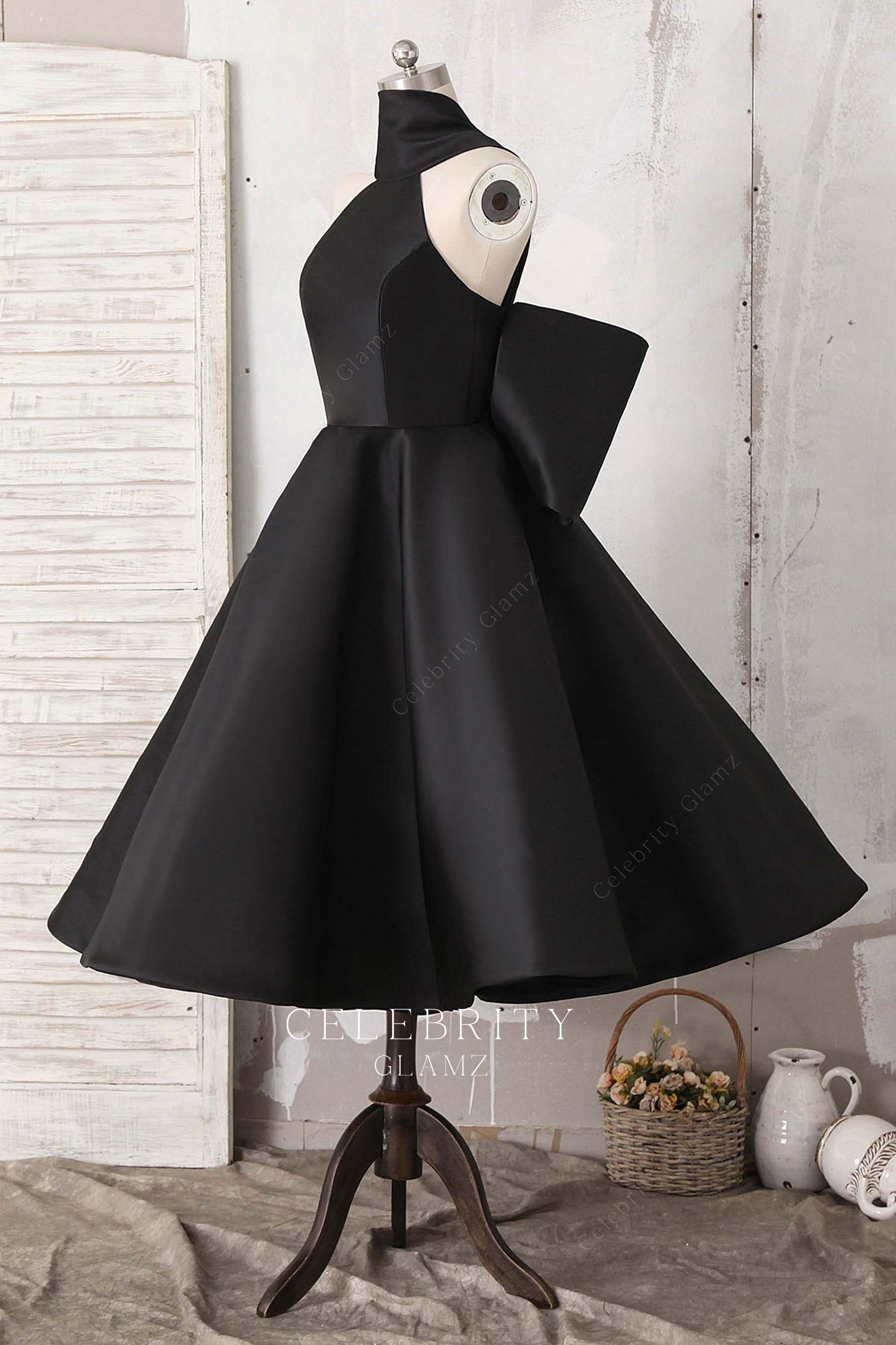 black satin puffy a line bridesmaid dress