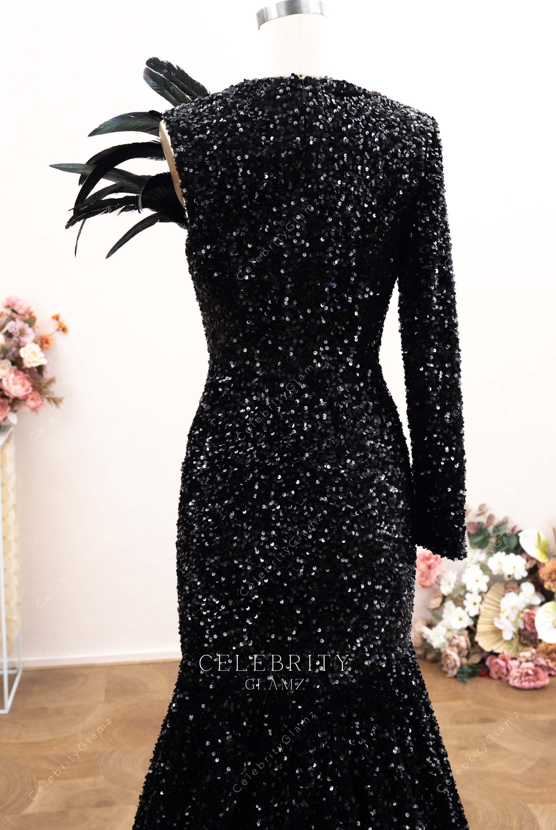 black sequin one sleeve prom dress