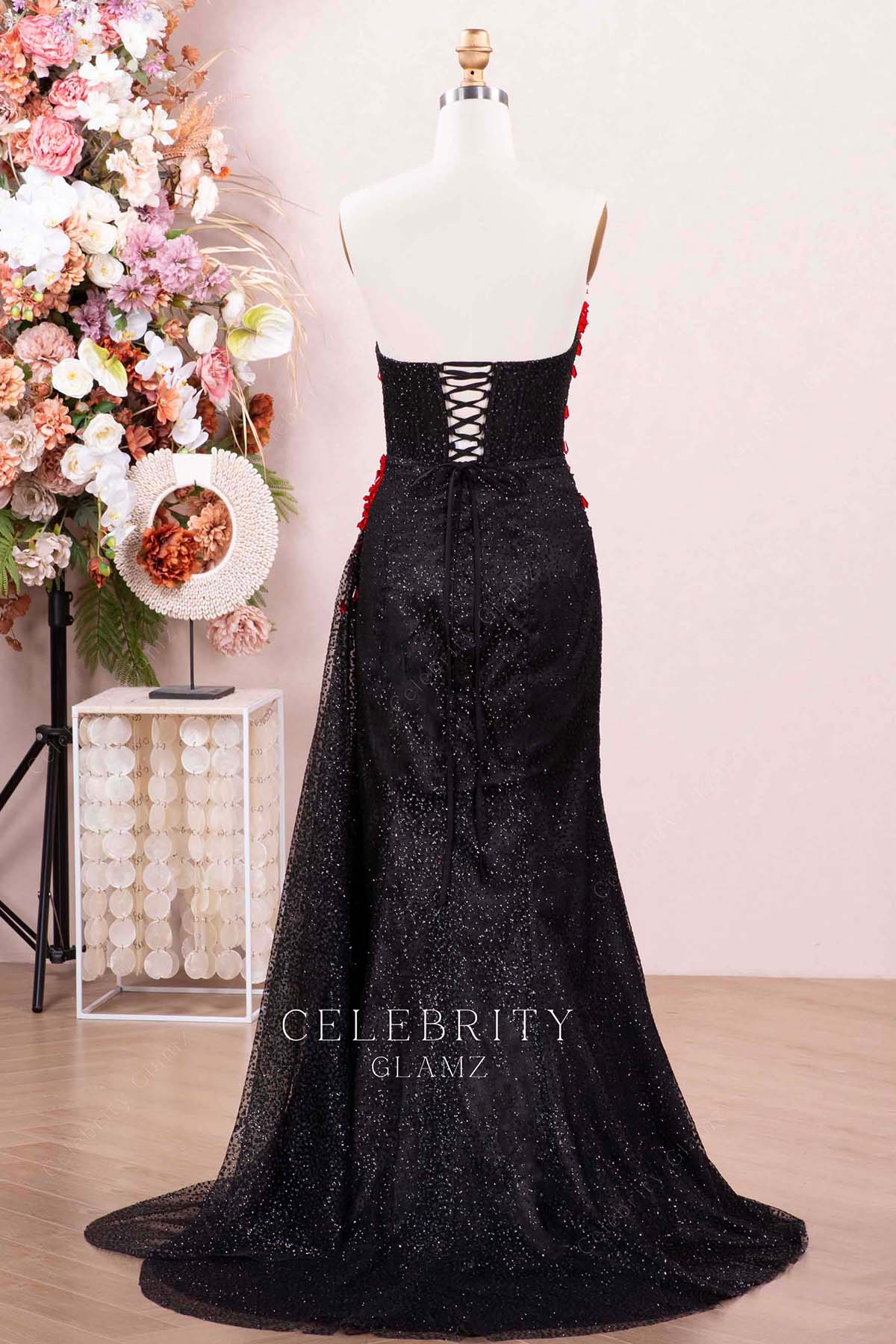black sweep train prom dress