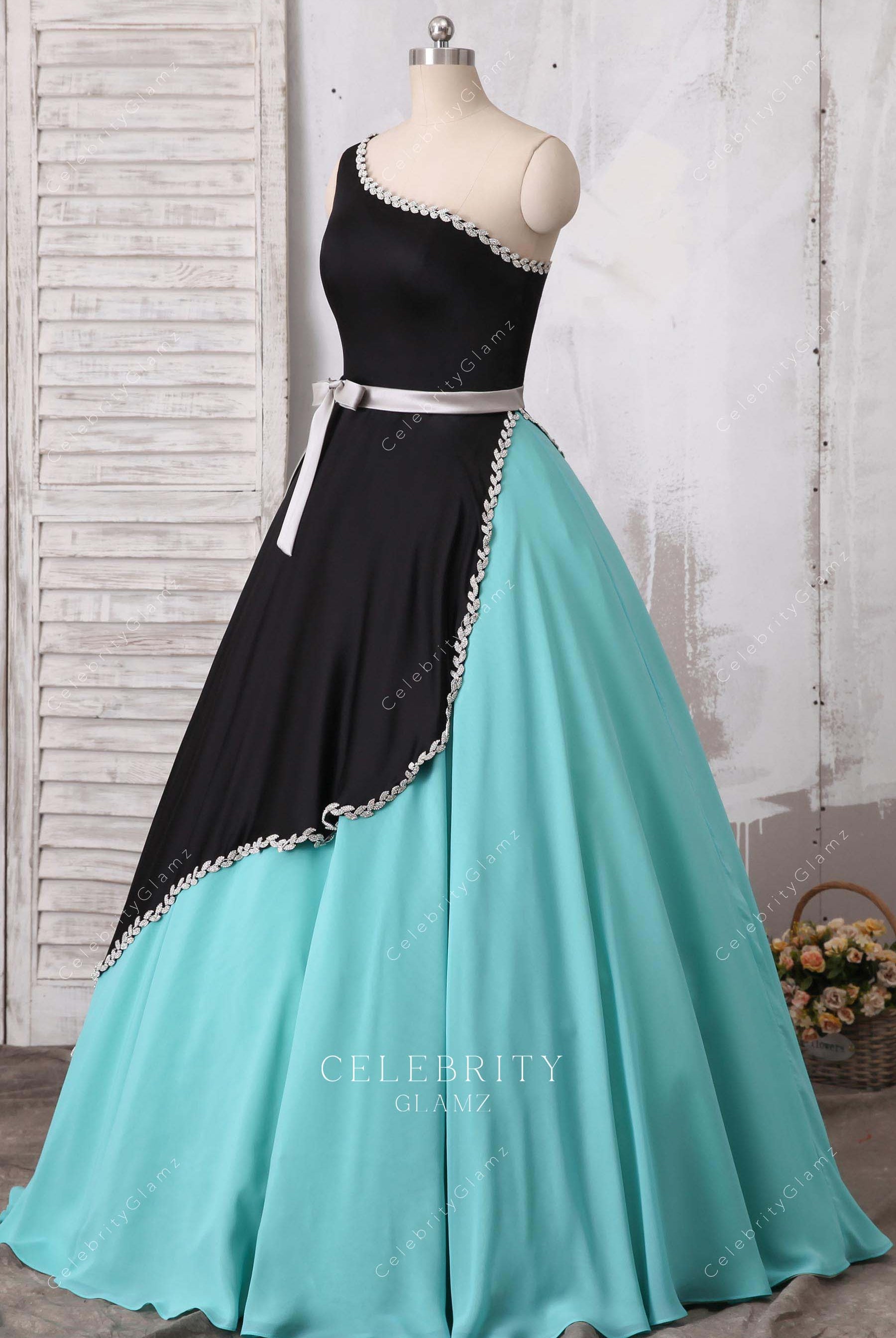 black taffeta asymmetrical ball gown dress