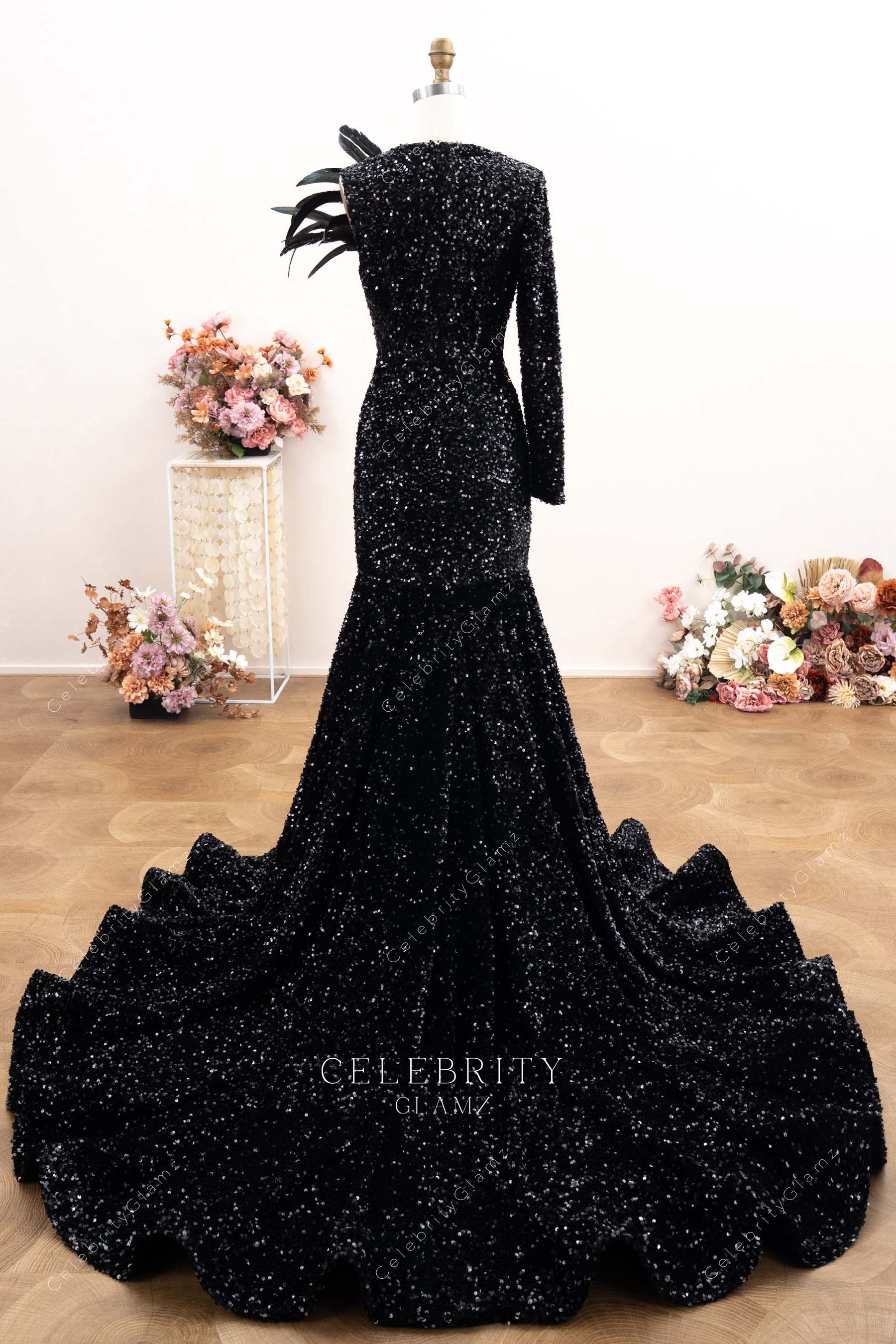 black trumpet chapel train prom dress