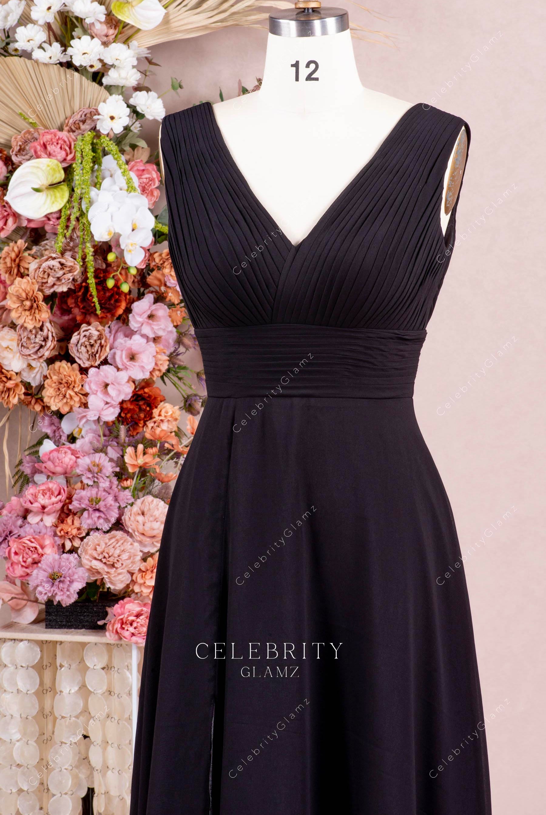 black v neck prom dress