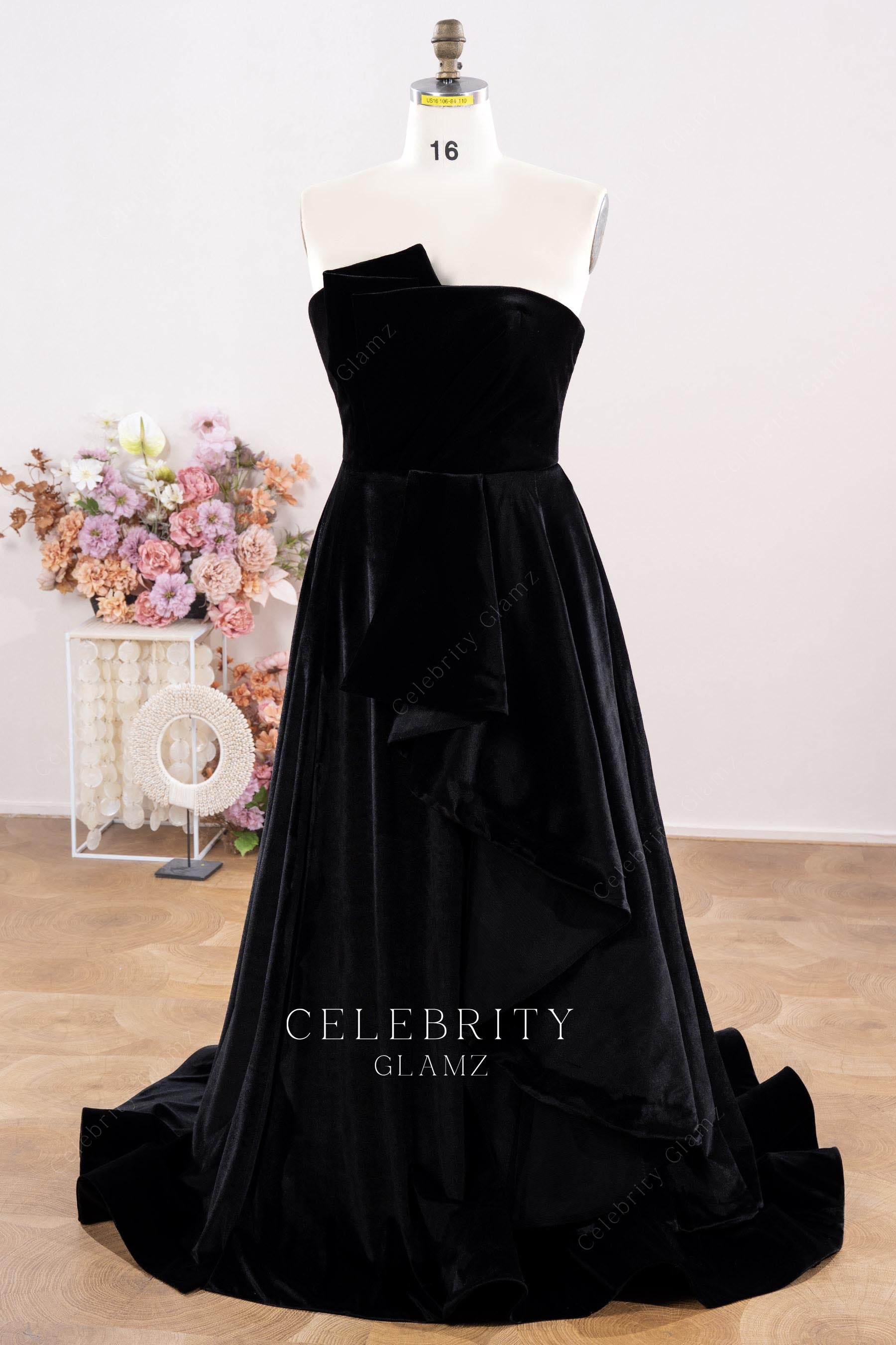 black velvet asymmetrical strapless prom dress