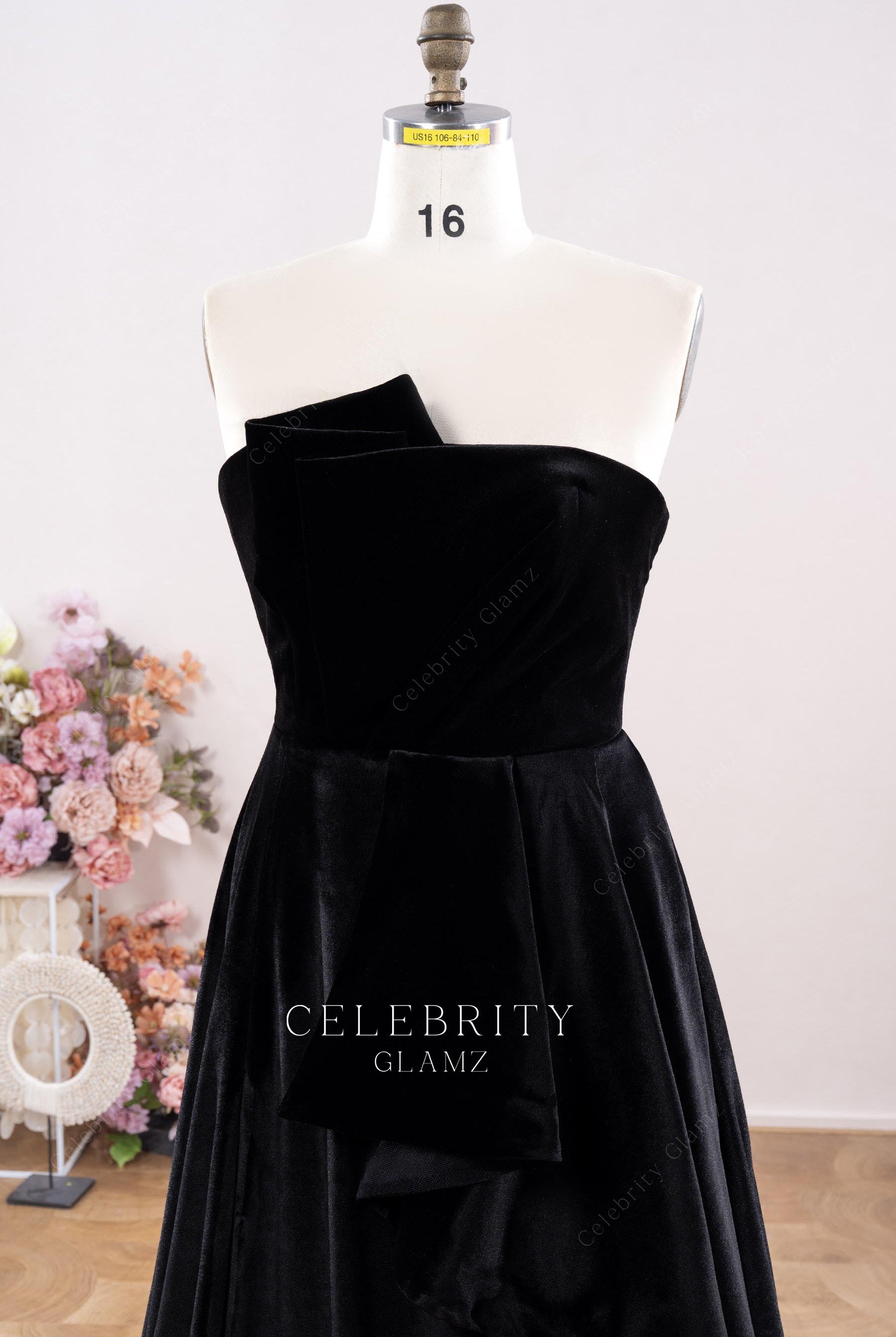 black velvet curved neckline prom dress