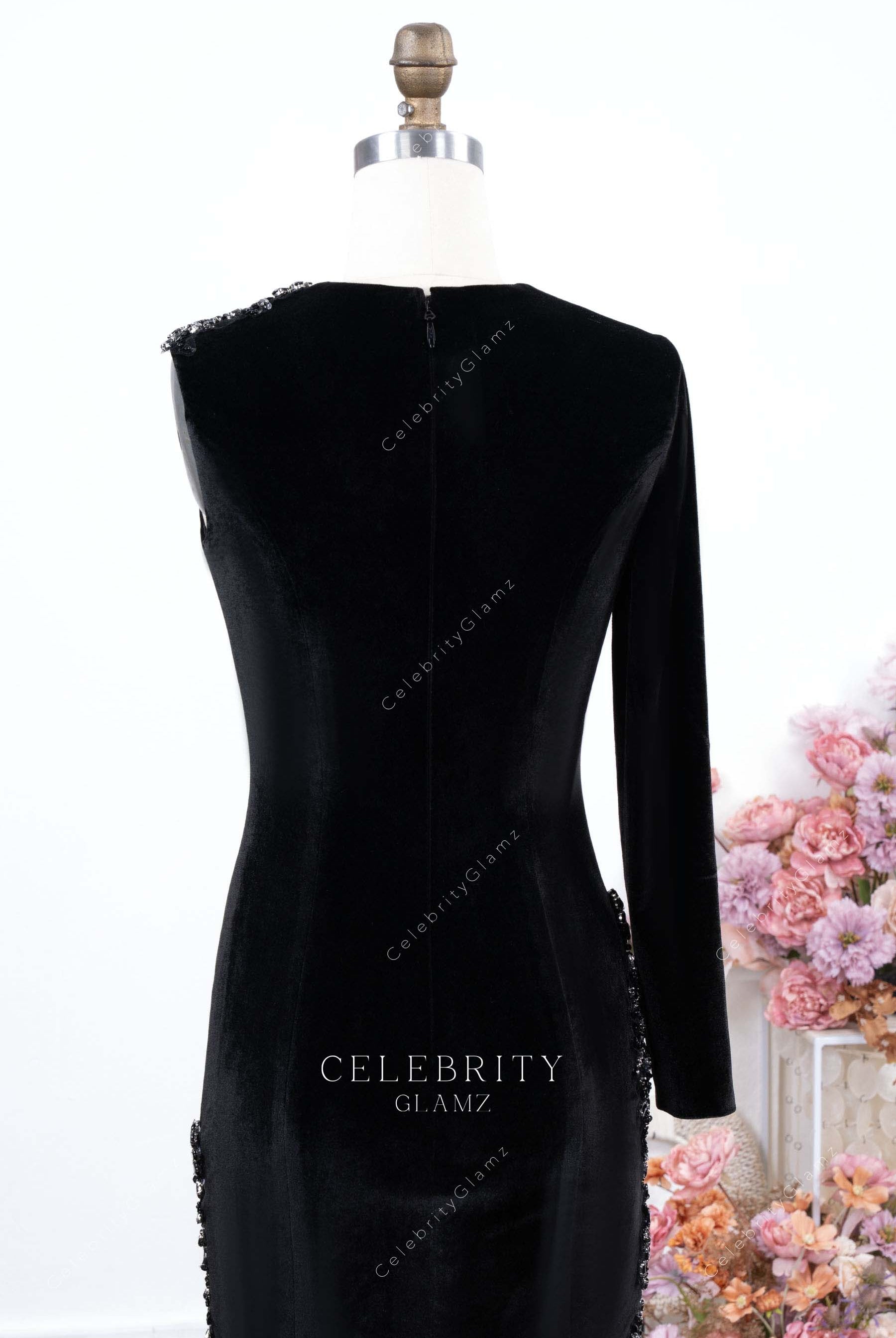 black velvet full back prom dress