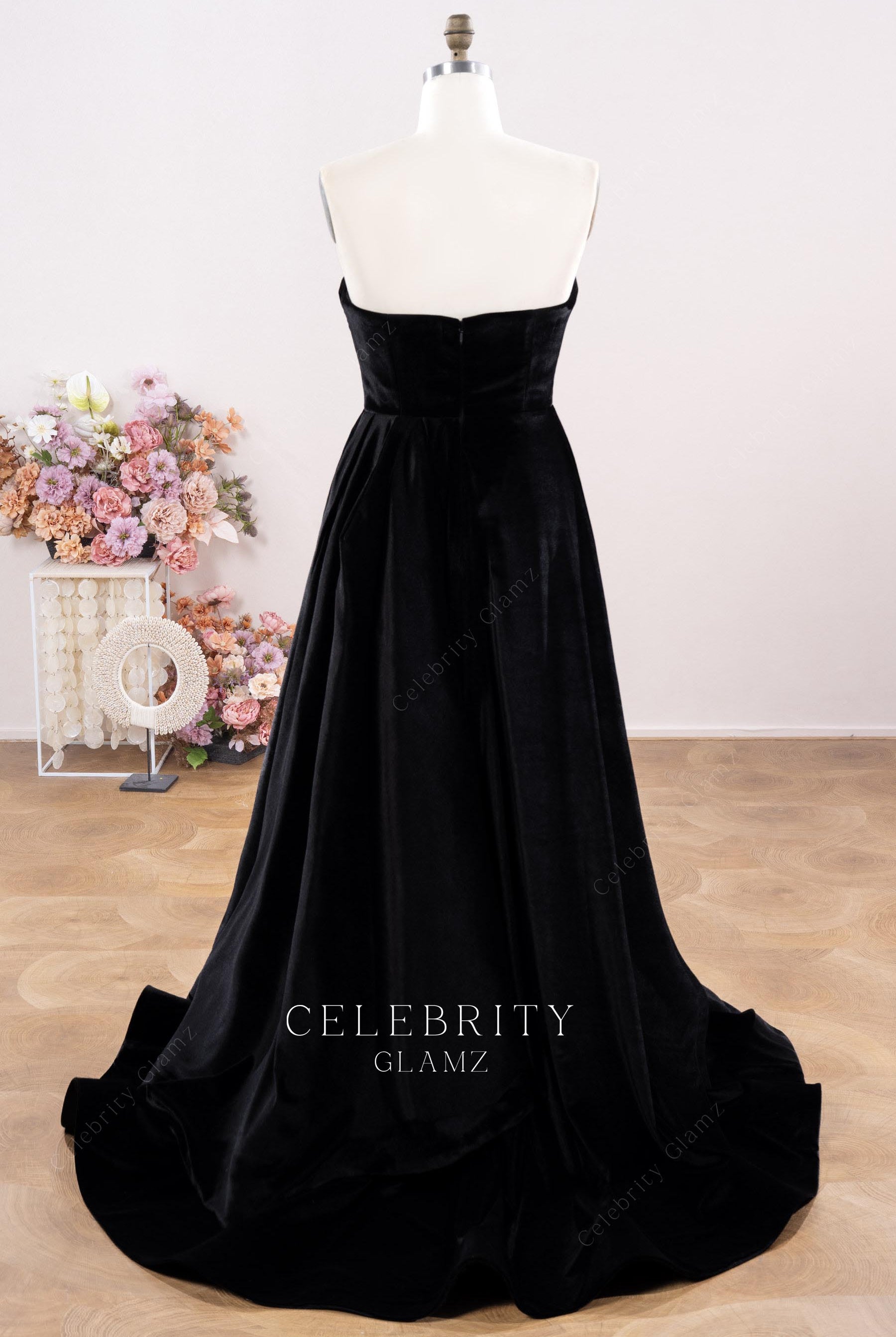 black velvet strapless court train prom dress