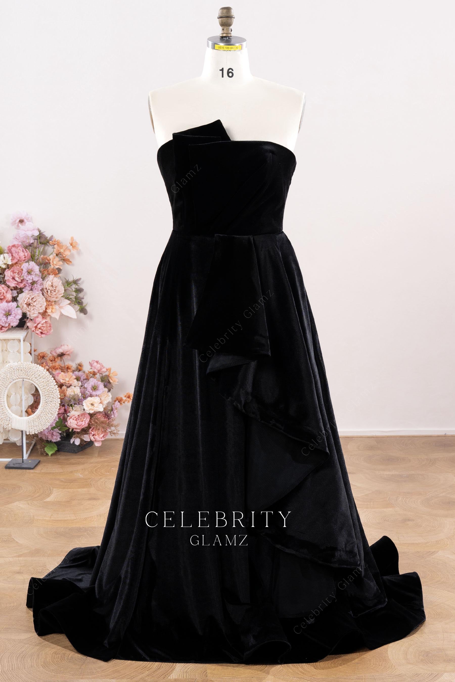 black velvet strapless formal dress