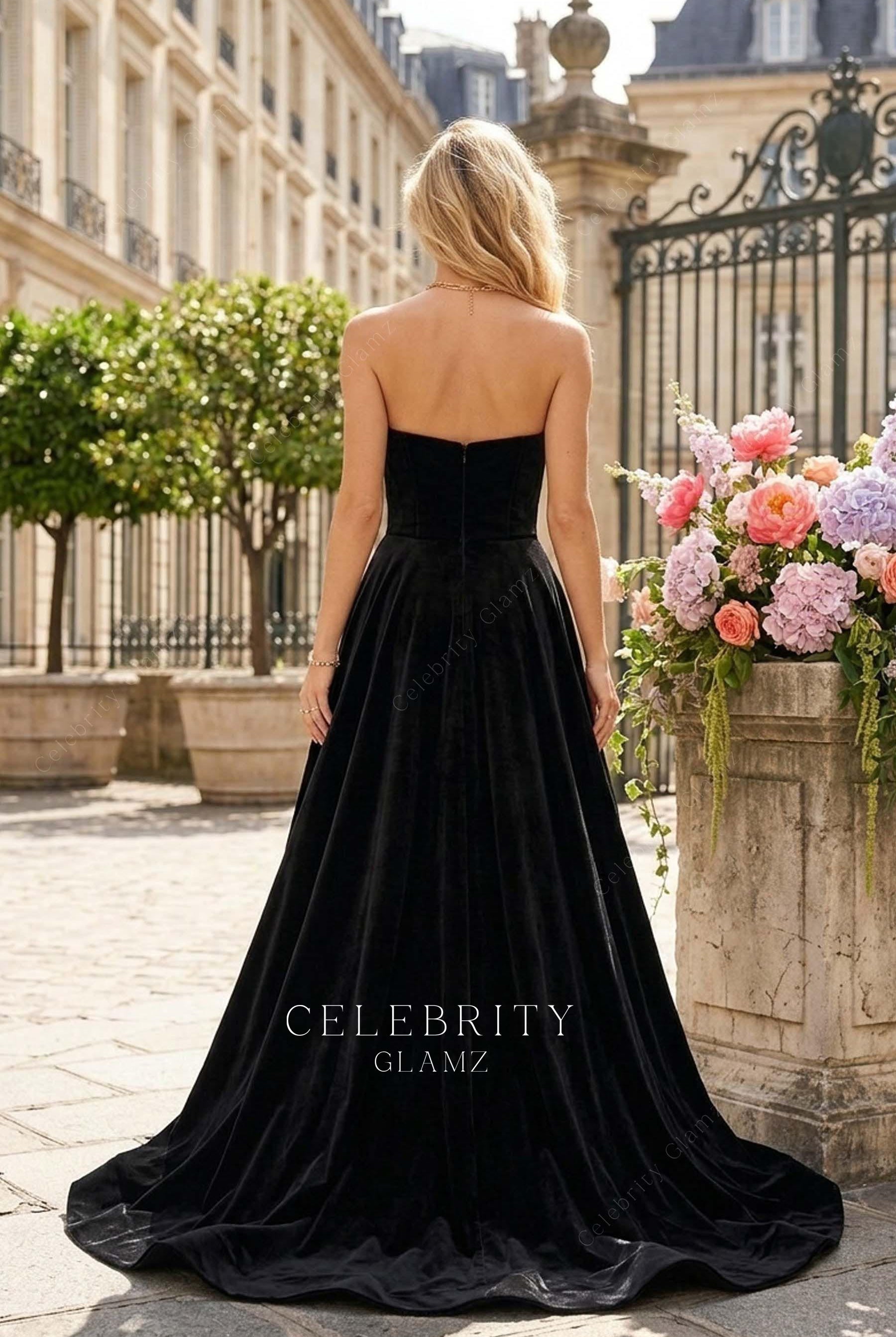 black velvet strapless open back prom dress
