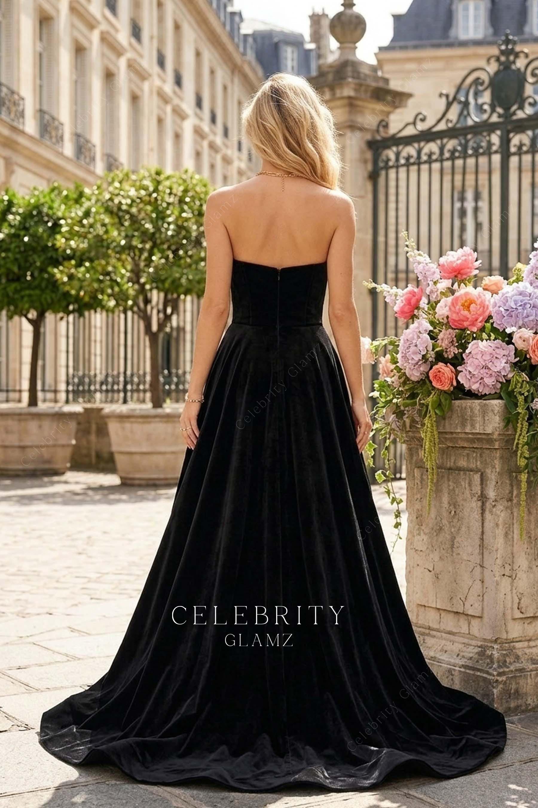 black velvet strapless open back prom dress