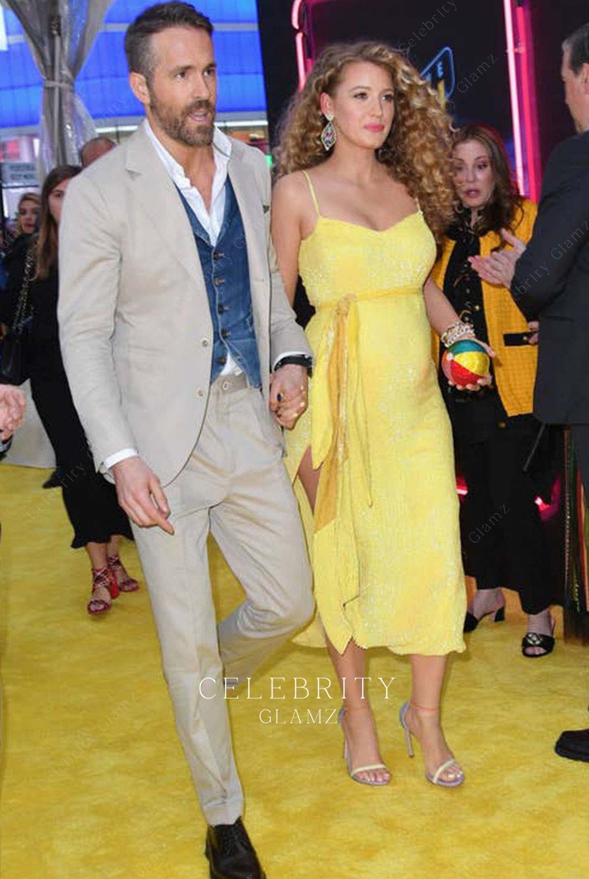 Blake Lively yellow v neck prom dress the Pokemon detective Pikachu premiere 2019