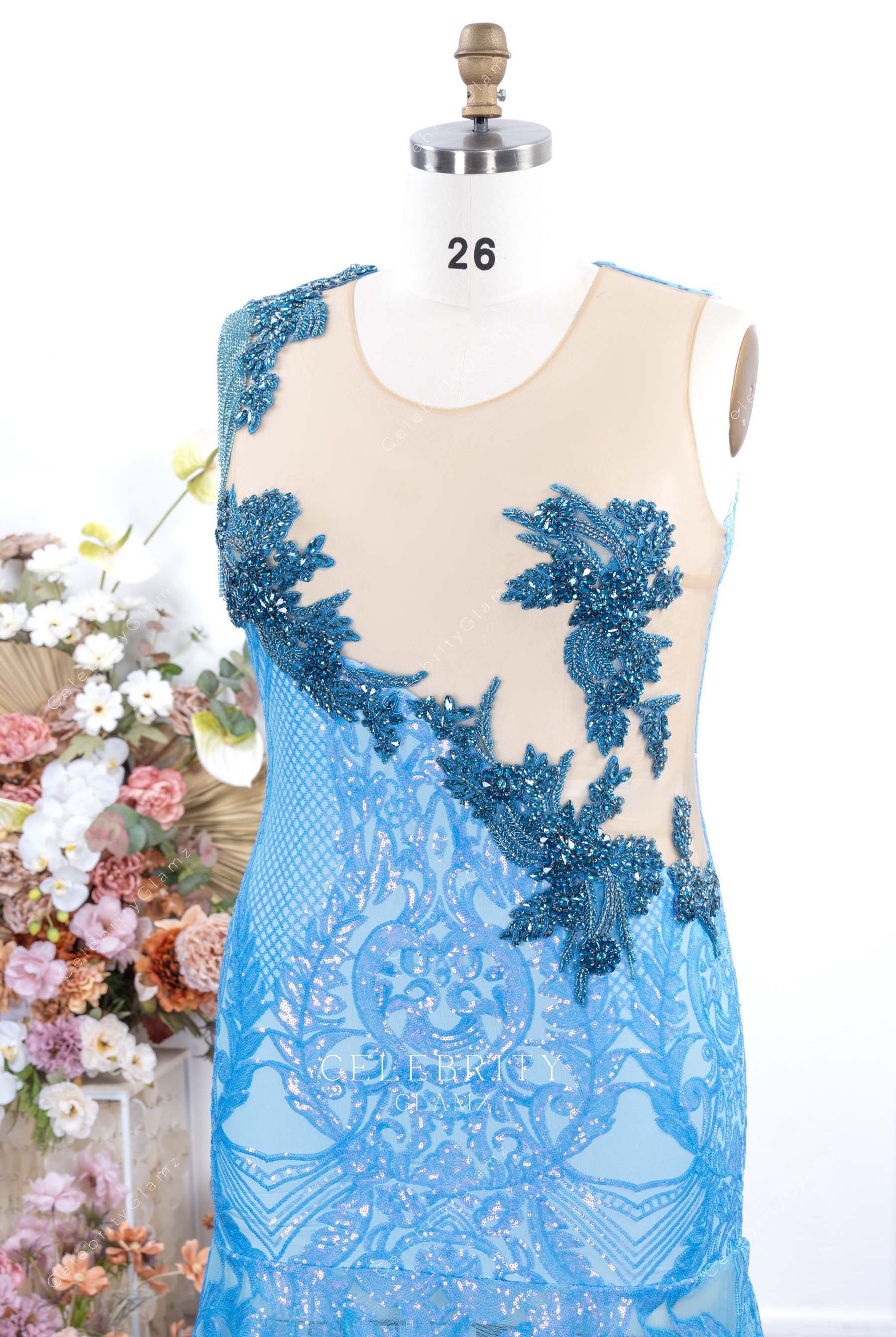 blue beaded lace sleeveless prom dress