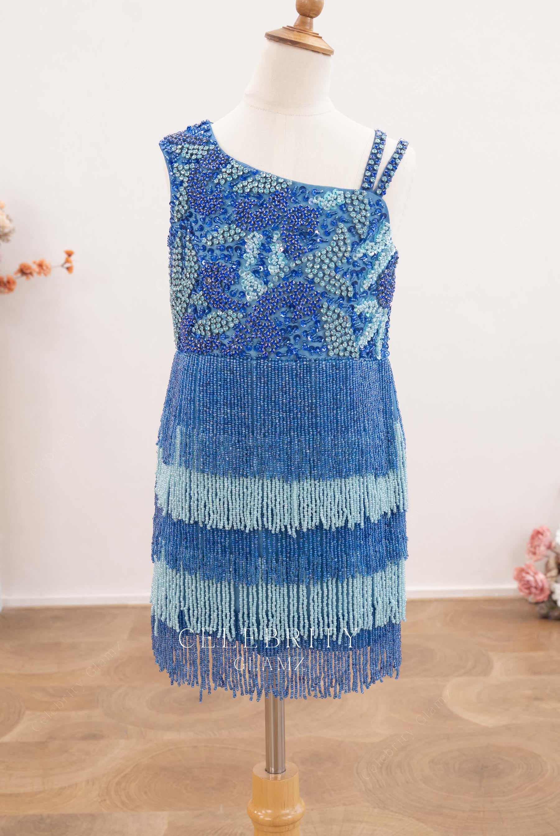 blue beaded tassel short kids dress