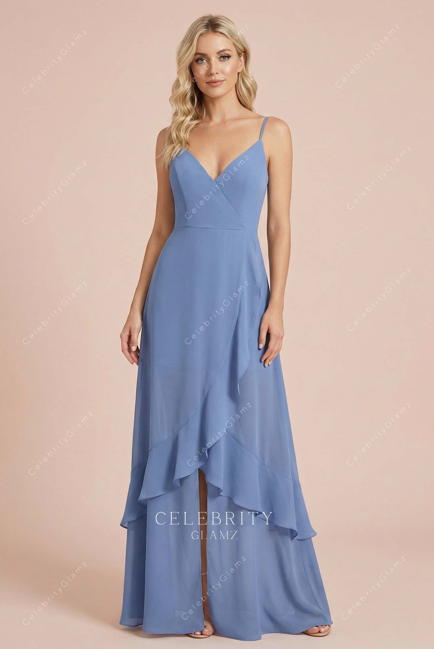 blue chiffon a line bridesmaid dress