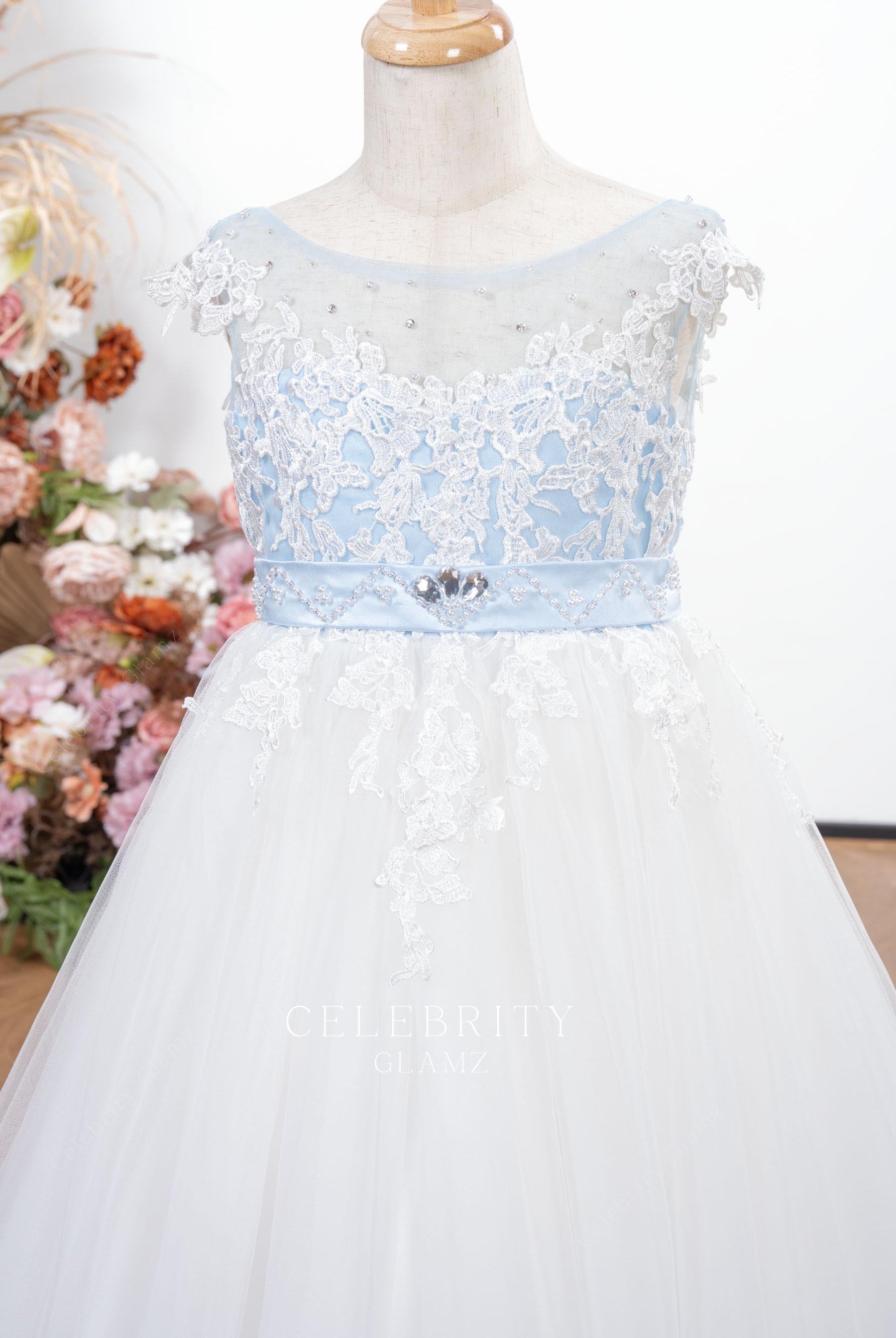 blue lace illusion boat neck flower girl dress