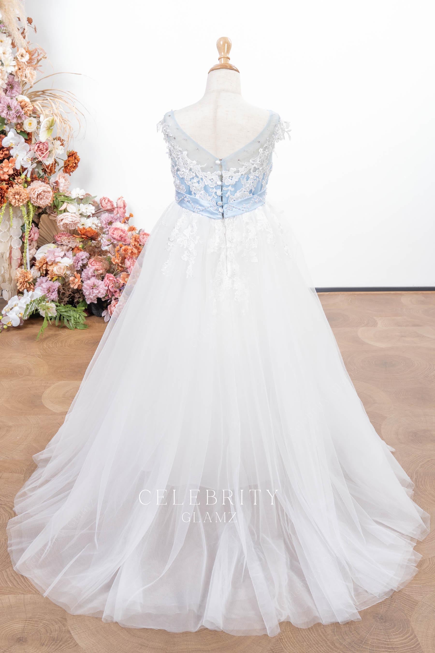blue lace white tulle sweep train flower girl dress